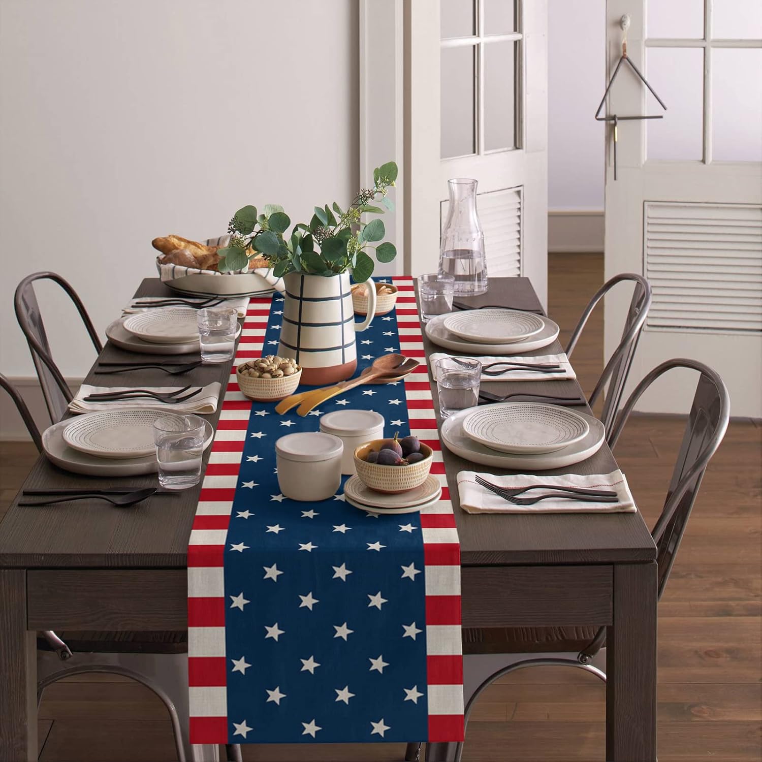 Independence Day Table Runner, Decorative Tabletop Cover 13x120 inch Cotton Linen Table Runners for Everyday Dining Wedding Party Holiday Home Decor, Red Stripes Blue Stars American Flag