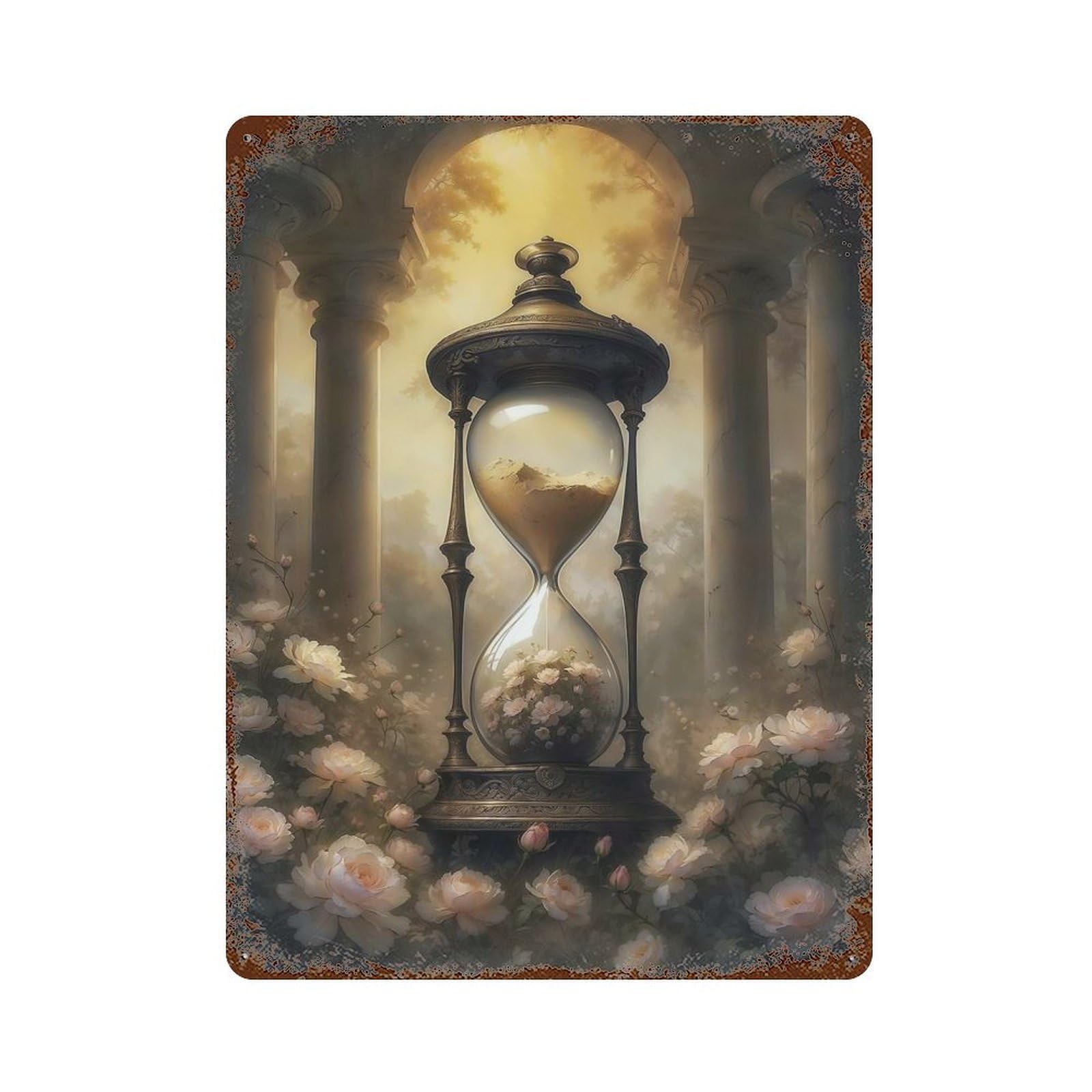 Ornate Hourglass with Roses Rust Effect Tin Sign 15.7"x11.8", Novelty Wall Decor for Garage, Pub Or Kitchen