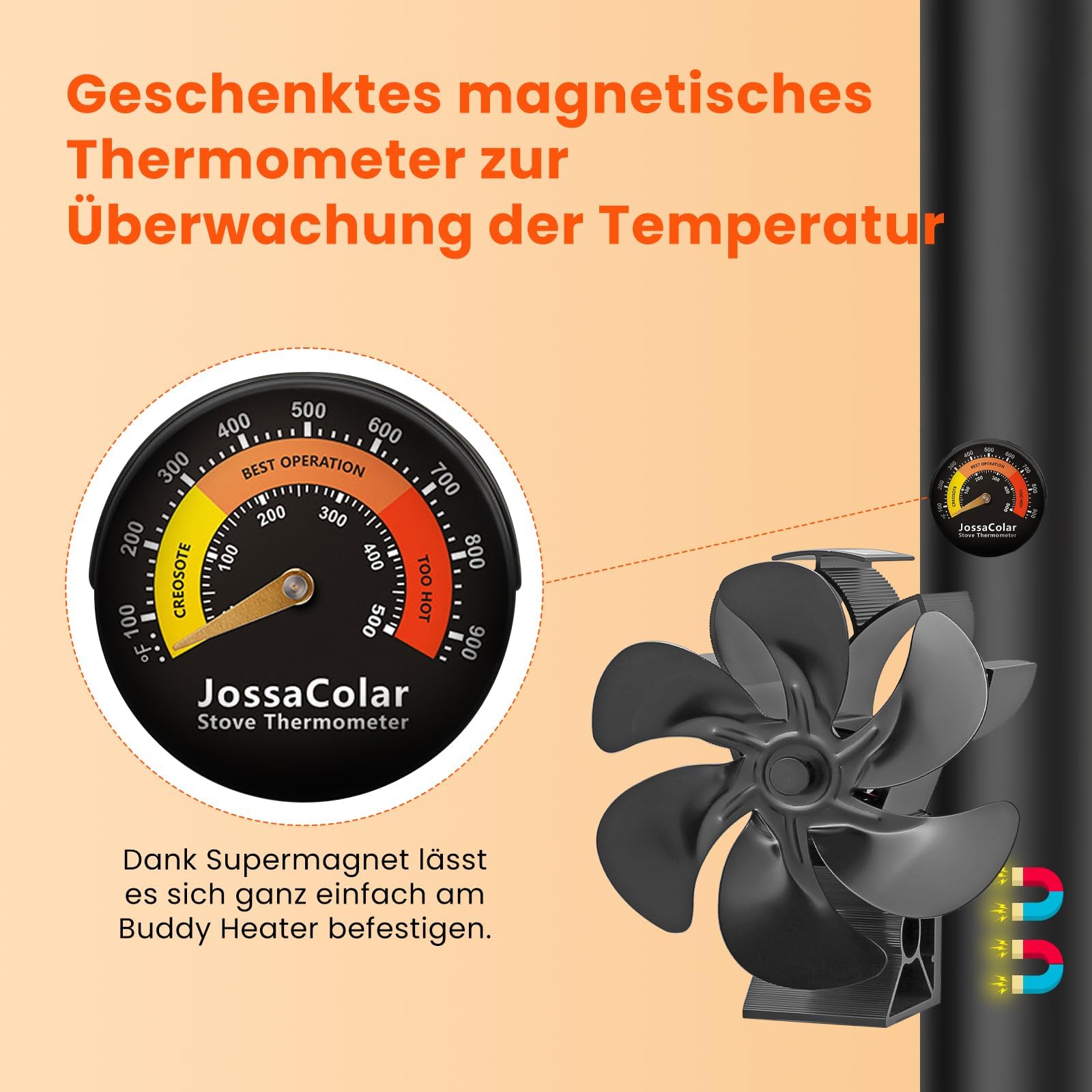 JossaColar Ofenventilator Kaminventilator Magnetisch | 6 Klingen Kaminventilator Ofenrohr Ventilator | Ofenventilator Ohne Strom | Kamin Ventilator inkl. Magnetisches Thermometer