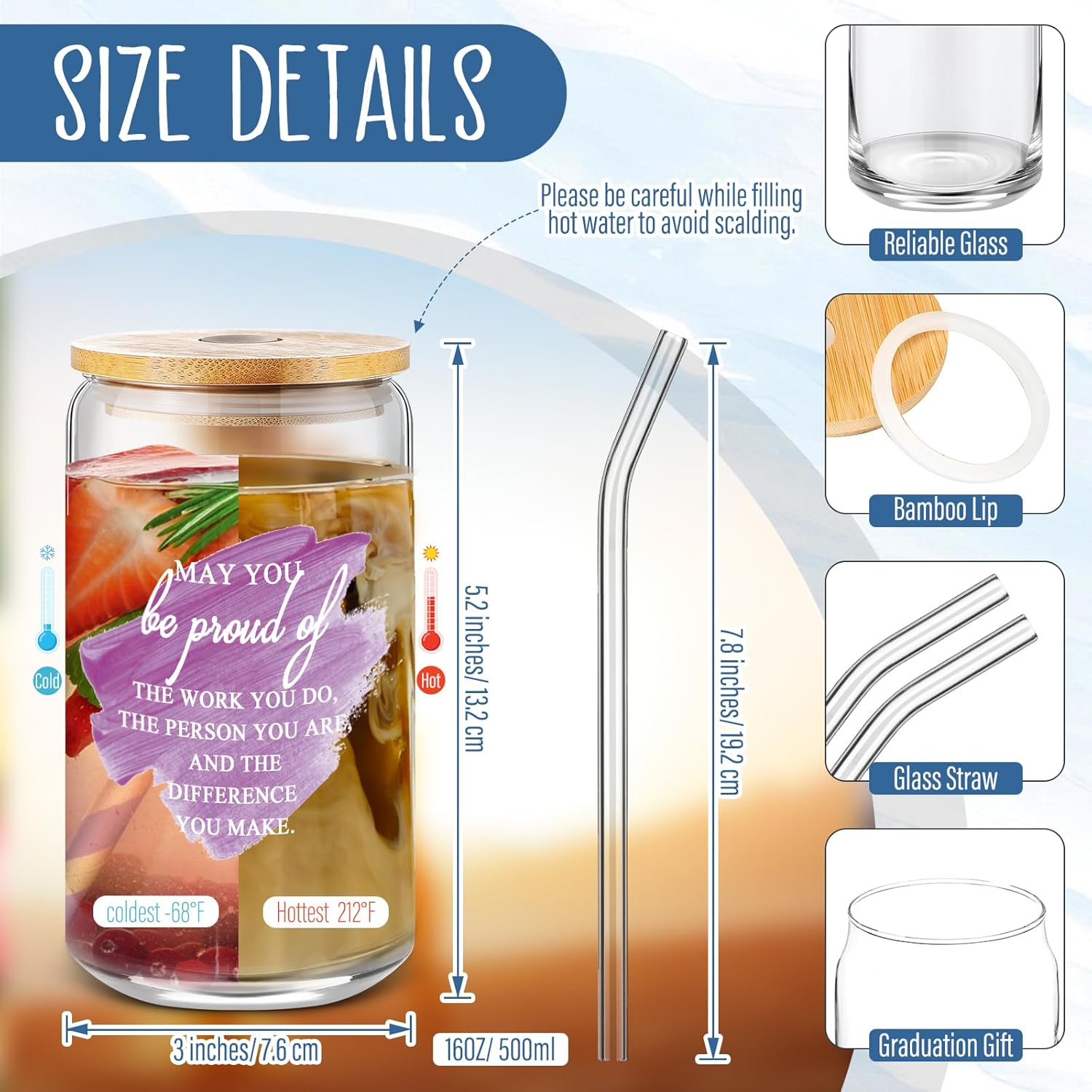 10 Pcs Employee Appreciation Gifts Bulk 17 oz Glass Cups with Lids Straws Thank You Gifts for Women Drinking Cup for Coworkers Teacher Staff Nurse Volunteer Secretary