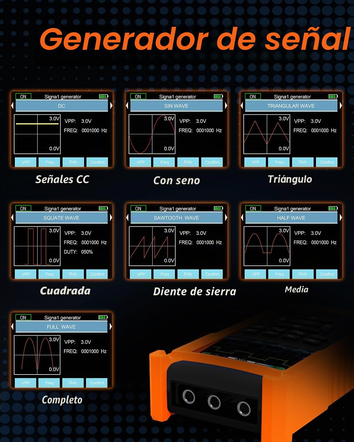 Osciloscopio multímetro, osciloscopio 3 en 1, 2 canales, ancho de banda de 50 MHz, 280 MSa/s, TRMS 6000 Count, generador de señal 13 formas de onda de señal, modo automático/normal/único para