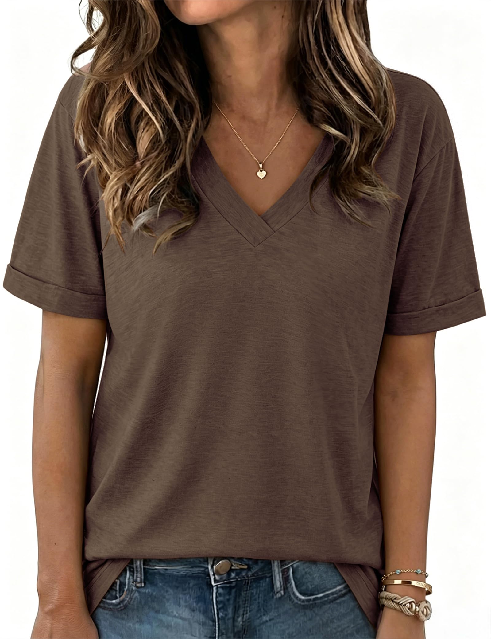 Aottori T-Shirt Damen V-Ausschnitt Kurzarm Locker Sommer Basic | Einfarbige Oberfläche; V-Ausschnitt mit kurzen Ärmeln als klares Designdetail; lockere Passform; für Sommer und warme Tage