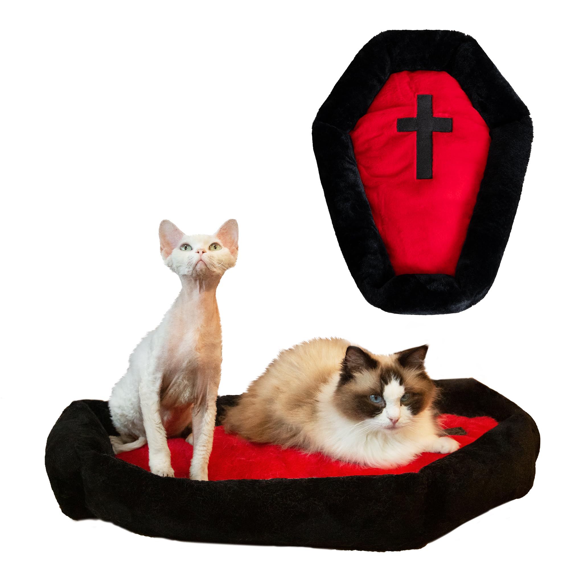 Purrzone Gothic Cat Beds Fits up to 25 lbs, Washable Coffin Cat Bed, Goth Pet Bed, Halloween House 24 * 16.9 Inch, Red & Black Small