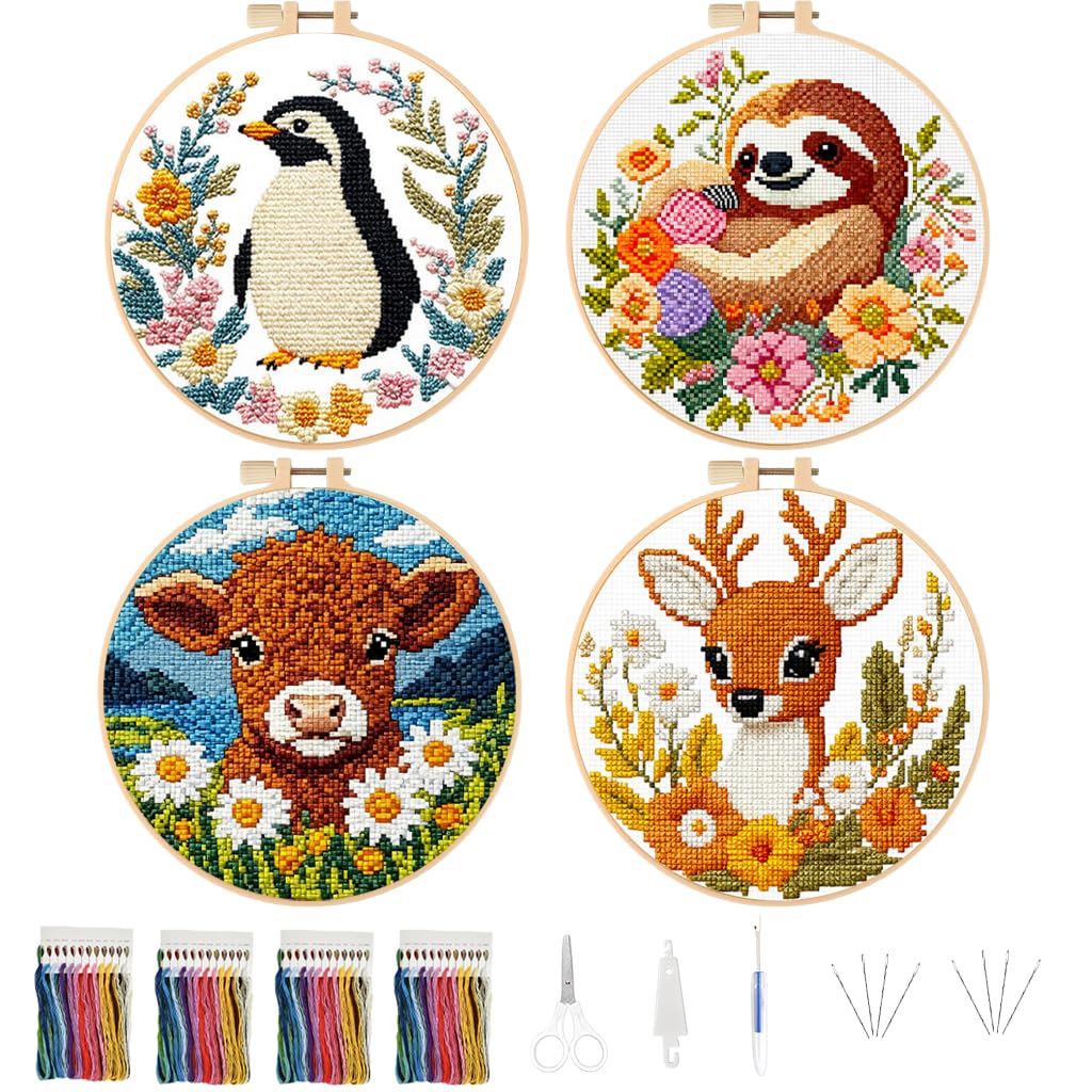 Zibuyu® 4Pcs Cross Stitch Embroidery Kit with Penguin, Sloth, Calf, Deer Patterns, Embroidery Kit for Beginners with Scissors, Threader & Thread Ripper, DIY Craft Set for Home Decor & Gift, 24x24cm-image-5