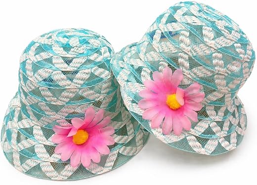 Baby Girl Sun Hat, Teal and White Woven Bucket Hat with Pink Flower Accent, Toddler Summer Cap