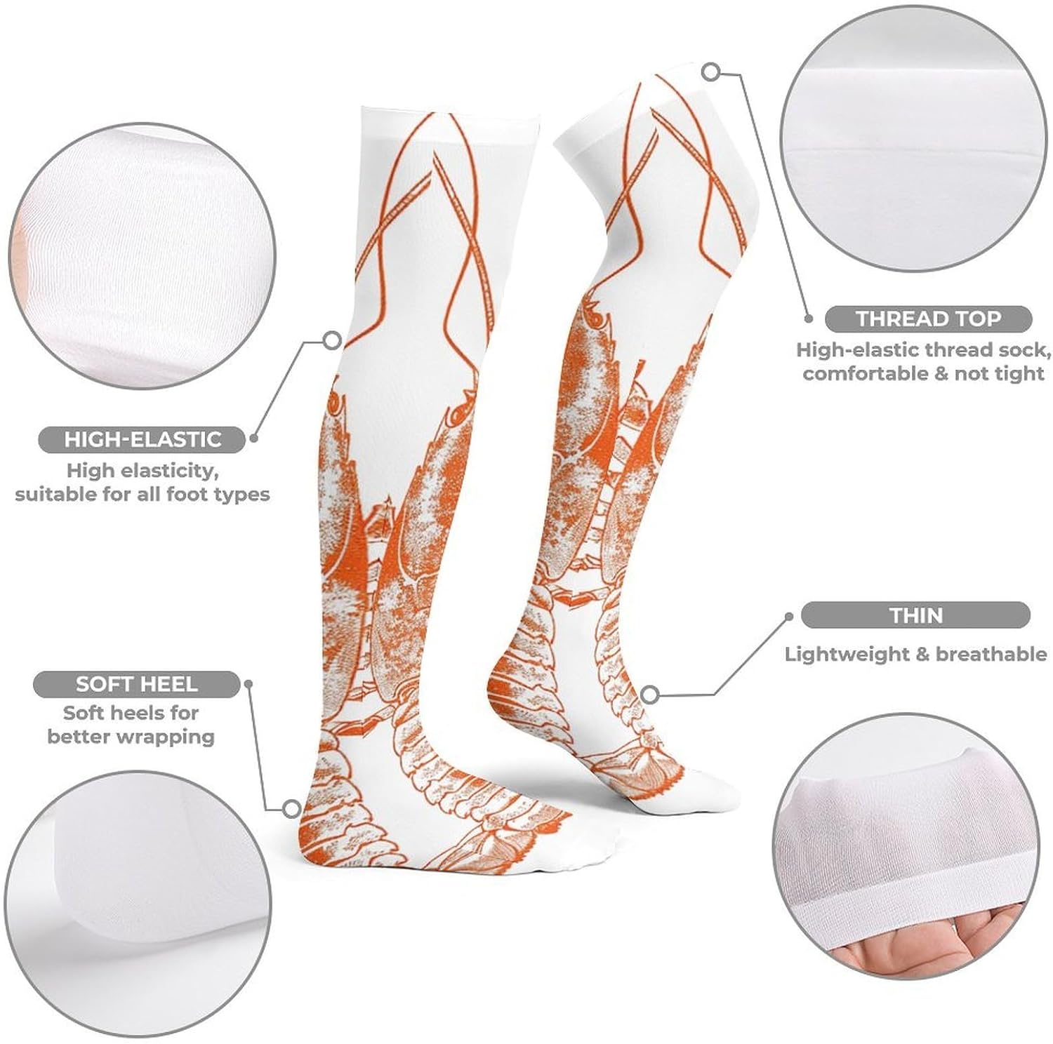 Orange Shrimp Pattern Knee High Stockings for Women 23.6" Breathable Thigh High Stockings Over The Knee Socks