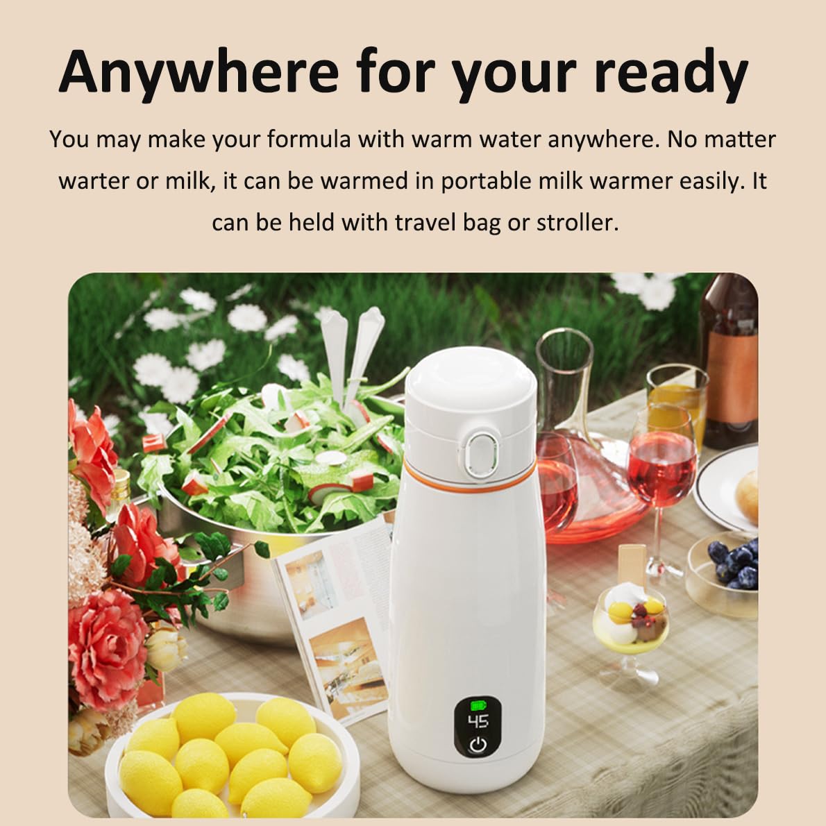 Portable Chauffe Biberon usb rechargeable Chauffe-Lait 350Ml Chauffe-Eau Pour Eau, Lait, Lait Maternel Tempérture Réglable 37°C a 55°C, Couvercle thermostatique pour la voiture, l'extérieur