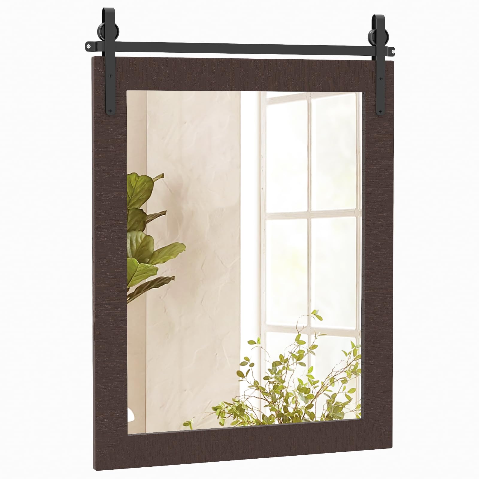 LIFEZEAL Espejo de Pared 76,5 x 57 cm, Espejo Rectangular con Marco de Madera y Soporte de Metal, Colgante Vintage para Cuarto de baño, Pasillo, salón (marrón Oscuro)
