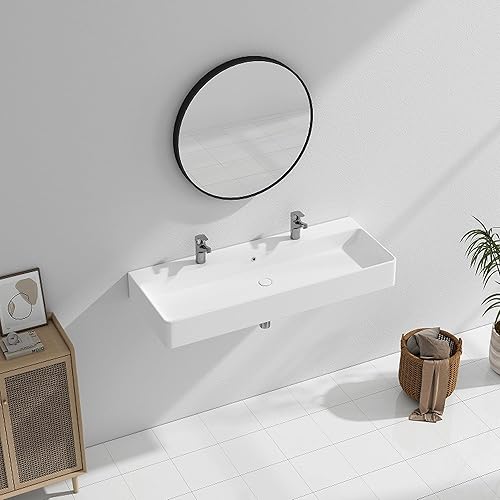 Miniatura 7 de Eridanus Lavabo rectangular de 43 x 16 pulgadas, lavabo de cerámica vítrea de dos agujeros, montaje en encimera y pared, lavabo flotante de