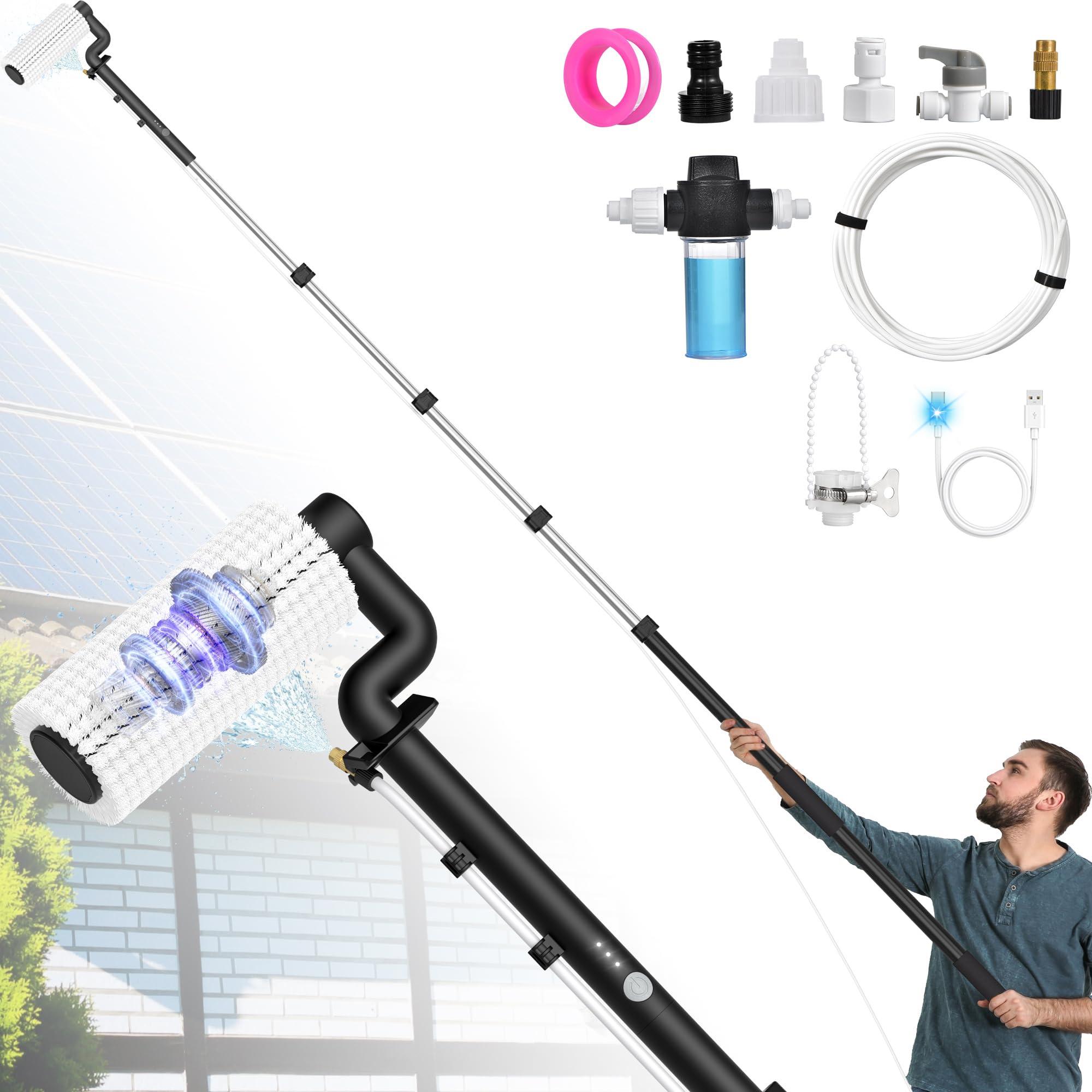 lyrifine electric solar panel cleaning brush and pole kit, 20ft extendable washing kit with water fed pole, 2 speed & soap dispenser, outdoor window cleaning tool for solar panel, window, roof, rv