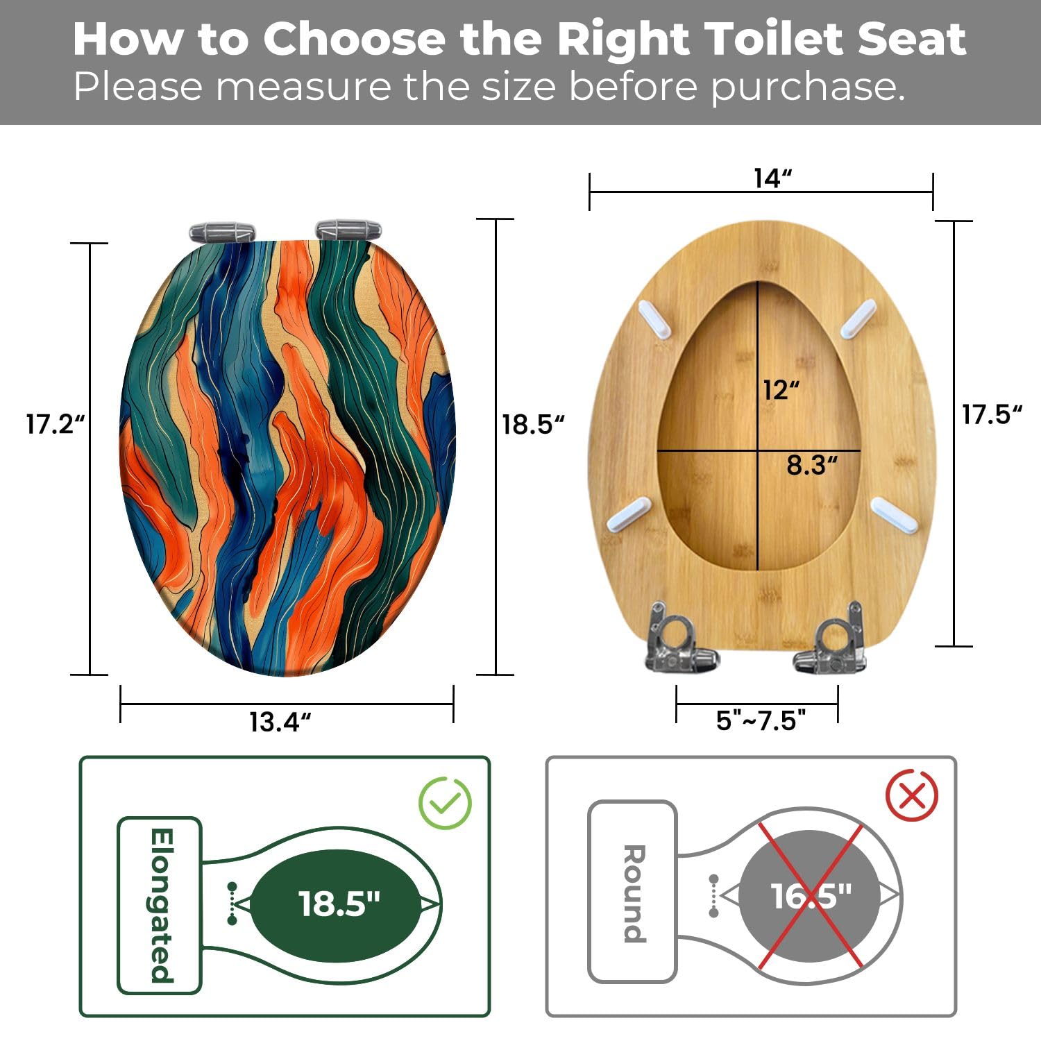 Sedile WC allungato in legno con cerniere a sgancio rapido a chiusura ammortizzata, stampa astratta senza cuciture, copriwater decorativo.