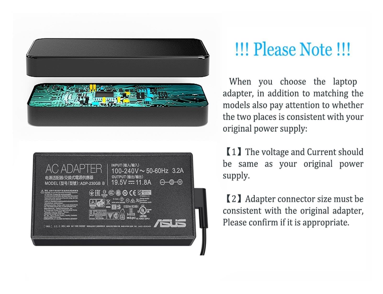 Adattatore CA for Caricabatterie Da 19,5 V 11,8 A 230 W 6,0 * 3,7 Mm, Compatibile for ASUS, Alimentatore for Notebook ROG GM501GS GX501 GX501VI-XS75 ADP-230GB(With US plug)