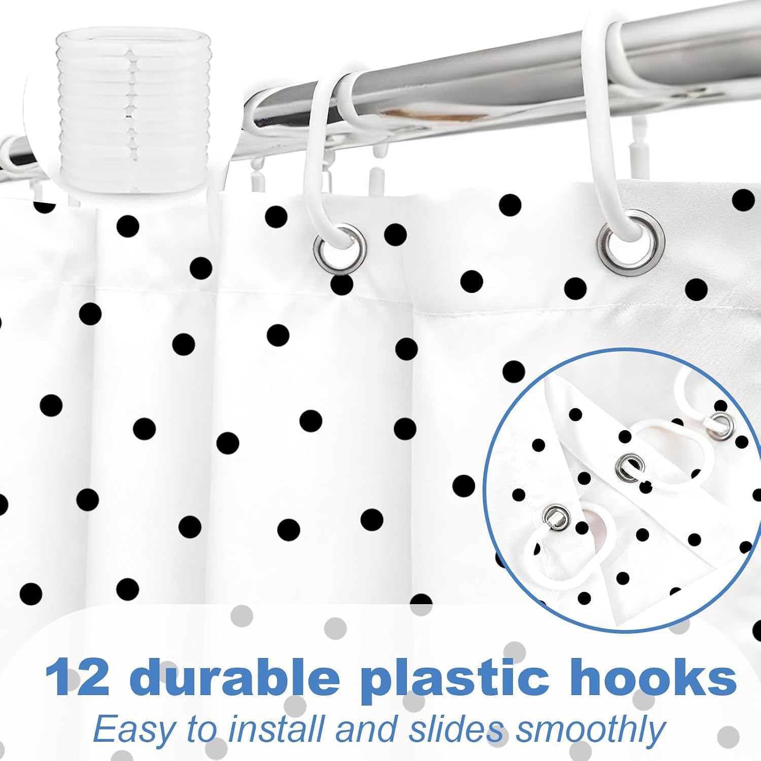 TheBlackSpot Polka Dot Shower Curtain Black and White Small Circle Bath Curtains Decor Sets Grommet with Hooks 72W x 72H inches