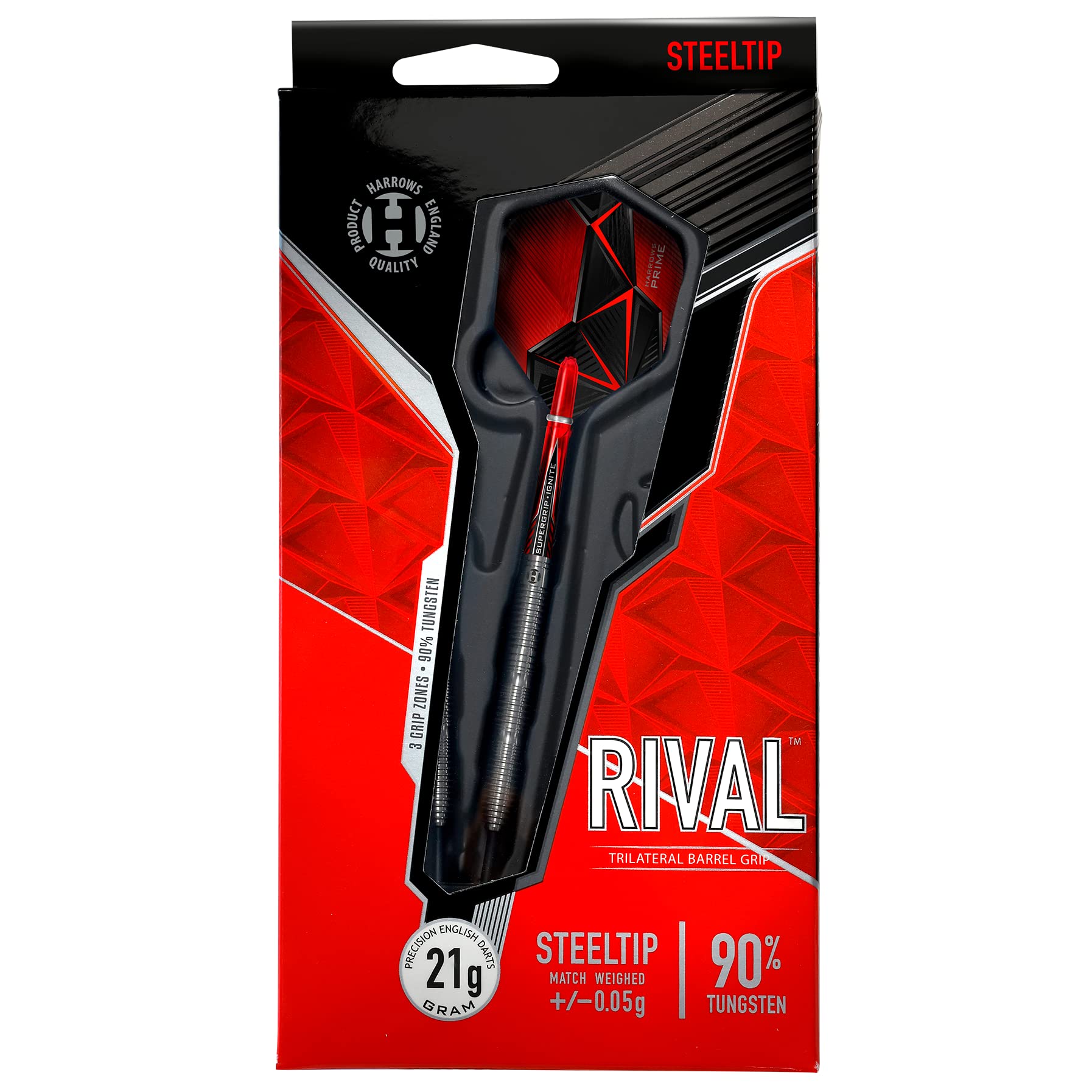 Harrows Rival - Set di freccette con punta in acciaio al 90% tungsteno, 21 g, 22 g, 23 g, 24 g, 25 g e 26 g, include impugnatura trilaterale, asta Supergrip rossa Ignite Midi e alette Micron Prime