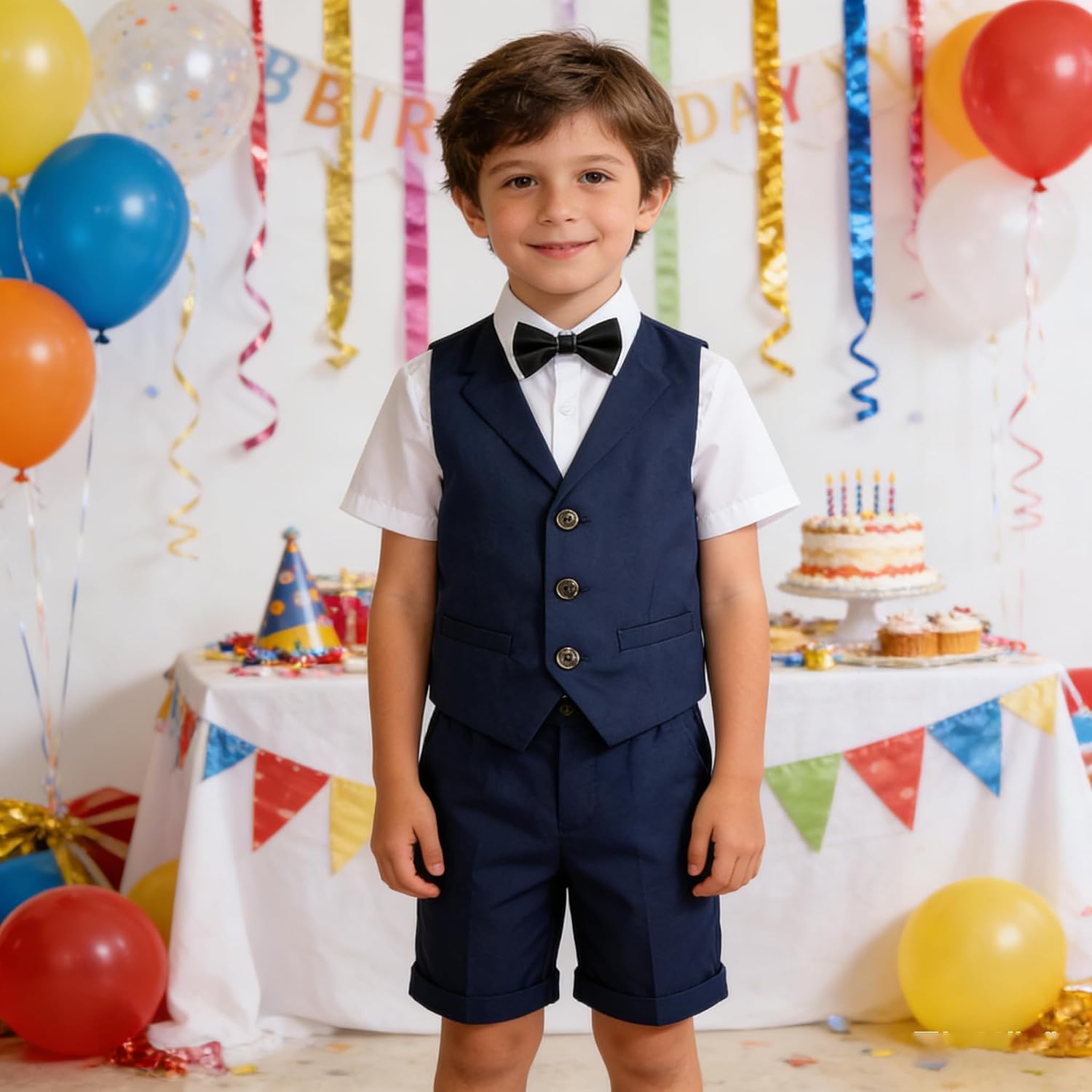 LOLANTA Boys 4PCs Summer Suits, Short Suit Set for Wedding Ring Bearer Outfits Dress Clothes Vest Shirt Shorts Bow Tie