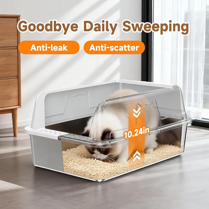 Bandeja higiénica de acero inoxidable para gatos, tamaño XL, diseño alto previene fugas, antiadherente, fácil de limpiar, incluye pala miniatura 2
