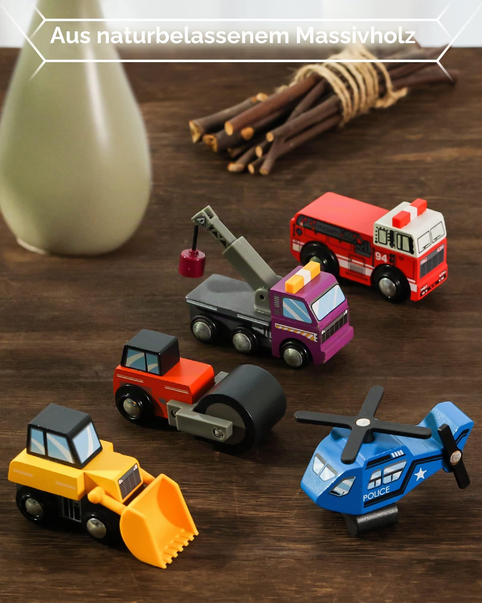 SainSmart Jr. Holzfahrzeuge Set (10 Stück), Spielzeug Autos mit Feuerwehr, Polizei, Krankenwagen & Baufahrzeuge, kompatibel mit Allen gängigen Holzeisenbahnen, Geschenk ab 3 Jahren