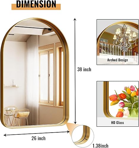 Miniatura 5 de Espejo de baño arqueado, espejo de baño dorado de 38 x 26 pulgadas para pared, espejo enmarcado de aleación de aluminio, espejo de tocador de baño
