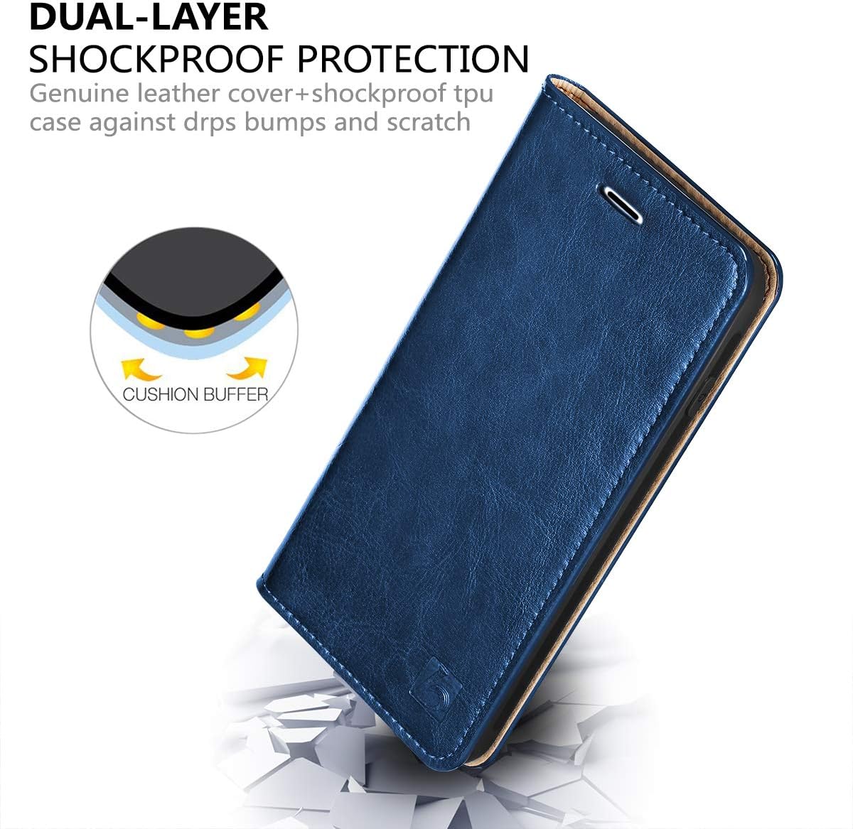 Belemay Compatible with iPhone 6s Case, Compatible with iPhone 6 Case, Genuine Leather Slim Wallet, Flip Folio Cover Card Holder Slots, Kickstand, Cash Pocket, Blue