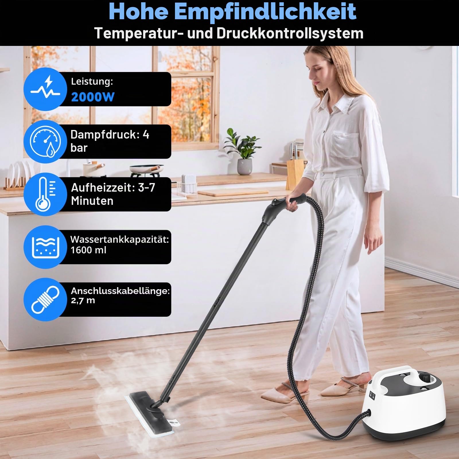 Dampfreiniger 2000W Nexalite, 4 bar Hochdruck, 1600 ml Tank, 15-tlg Zubehör | 4 bar Tiefendampf, 3–7 Min Aufheizen; 1600 ml Langlauf; 15 Teile Set; für Fliesen, Fenster, Bad, Auto-Innenraum