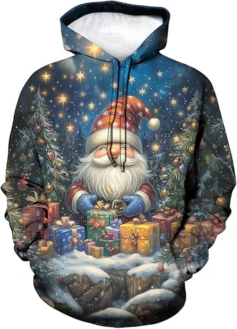 Mens Christmas Hoodies Funny 3D Christmas Gnome Print Hooded Pullover Casual Long Sleeve Sweatshirt Hoody