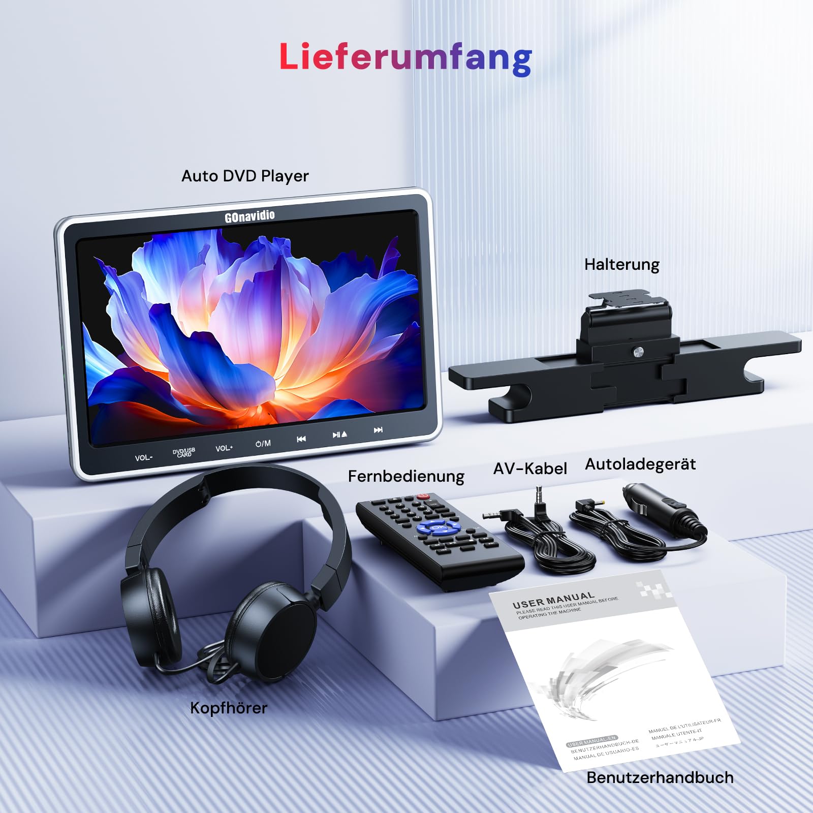GOnavidio 10,5 Zoll DVD Player Auto Kopfstütze mit HDMI-Eingang, Kopfhörer, Halterung, Auto Fernseher TV Monitor Rücksitz Für Kinder unterstützt Sync Screen, AV EIN- und Ausgang ohne Akku
