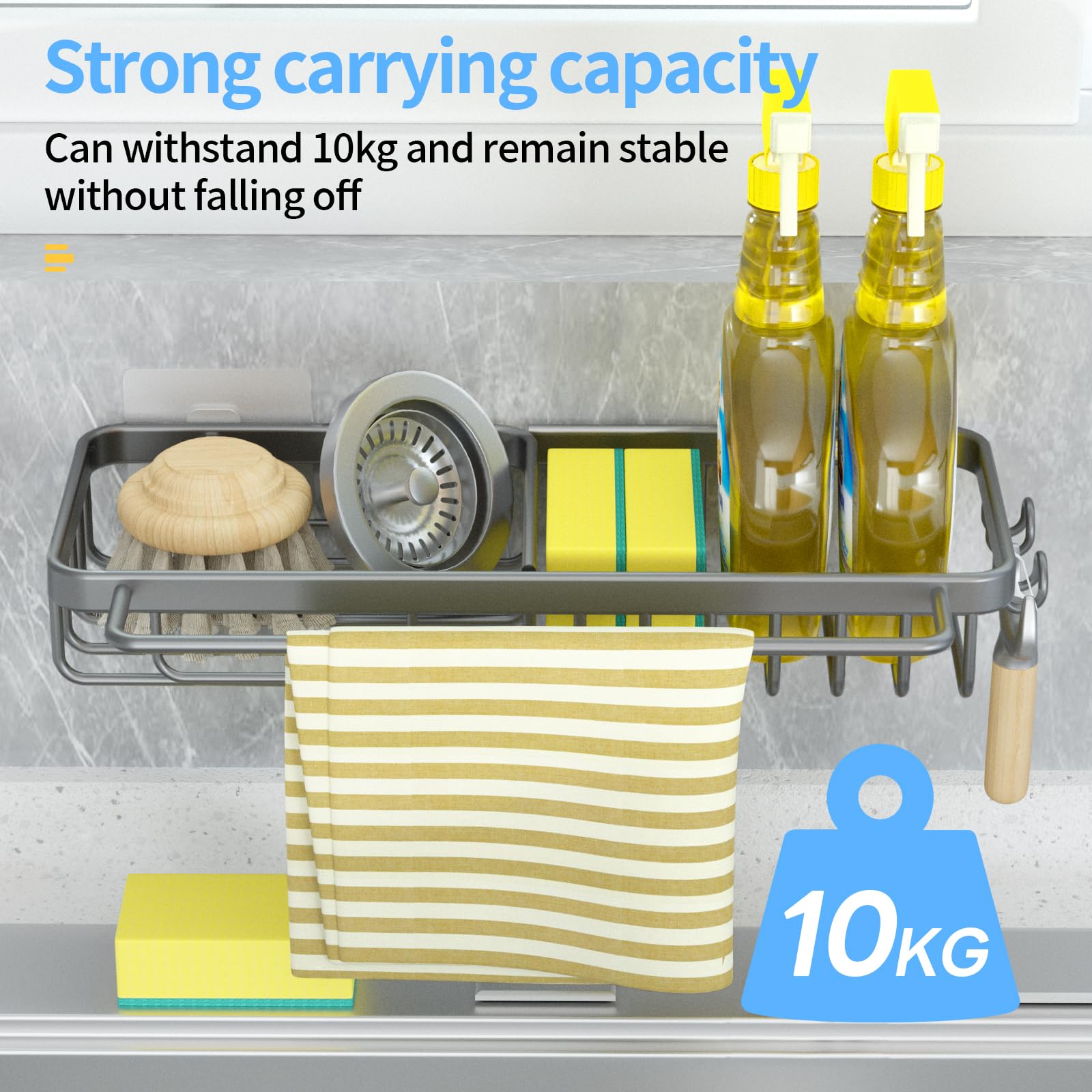 Cragmut Porta Spugne Cucina Autoadesivi Kit, Sotto Lavello Cucina Organizer, con Piastra di Scarico e Ganci e Palo Asciugamani, per bagno, Cucina Senza Forare Accessori