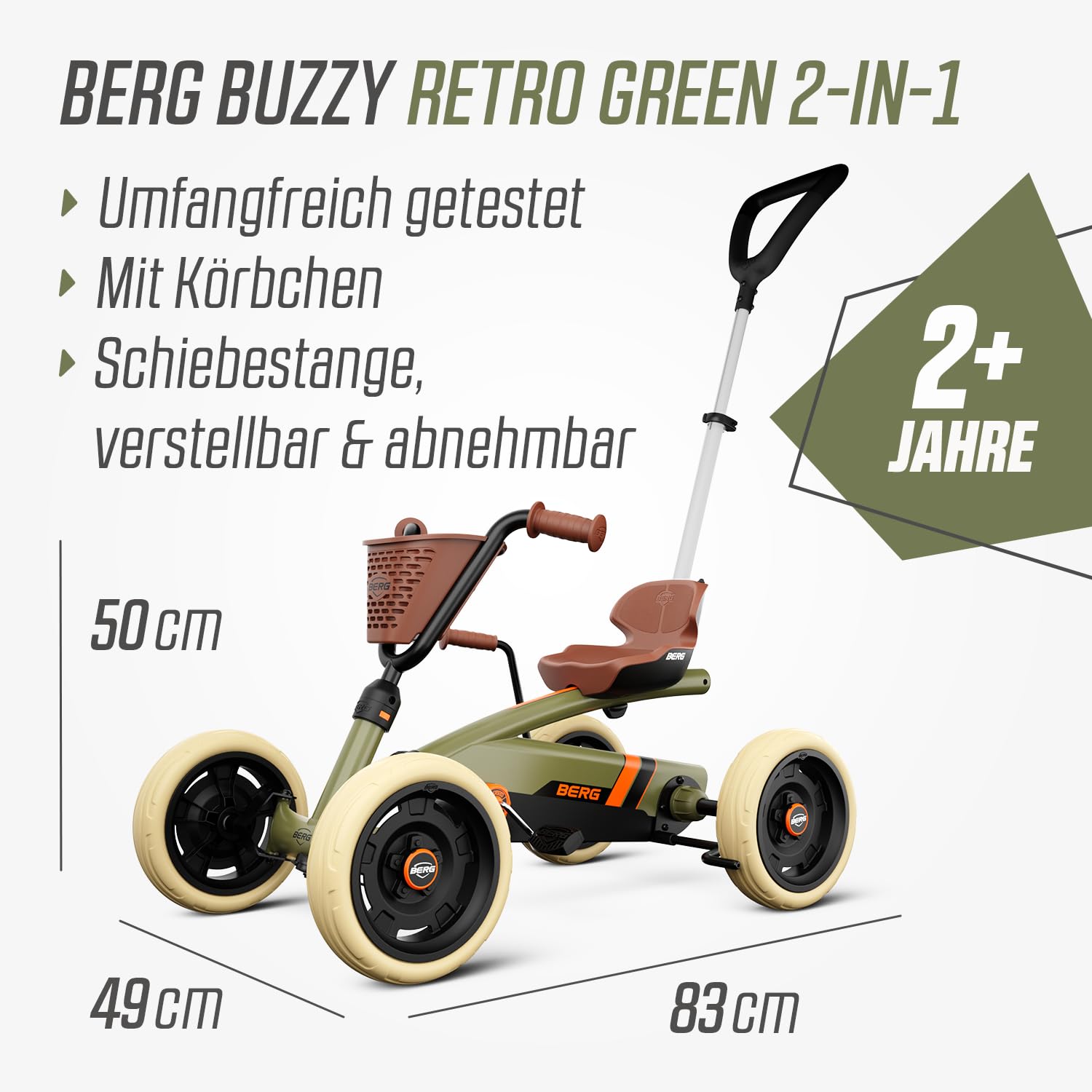 BERG Pedal-Gokart Buzzy 2-in-1 inkl. Schubstange | Gokart mit Freilauf | Tretfahrzeug für Kinder ab 2 Jahren | Kinderfahrzeug mit Handbremse und hohem Sicherheitsstandard | Retro Green