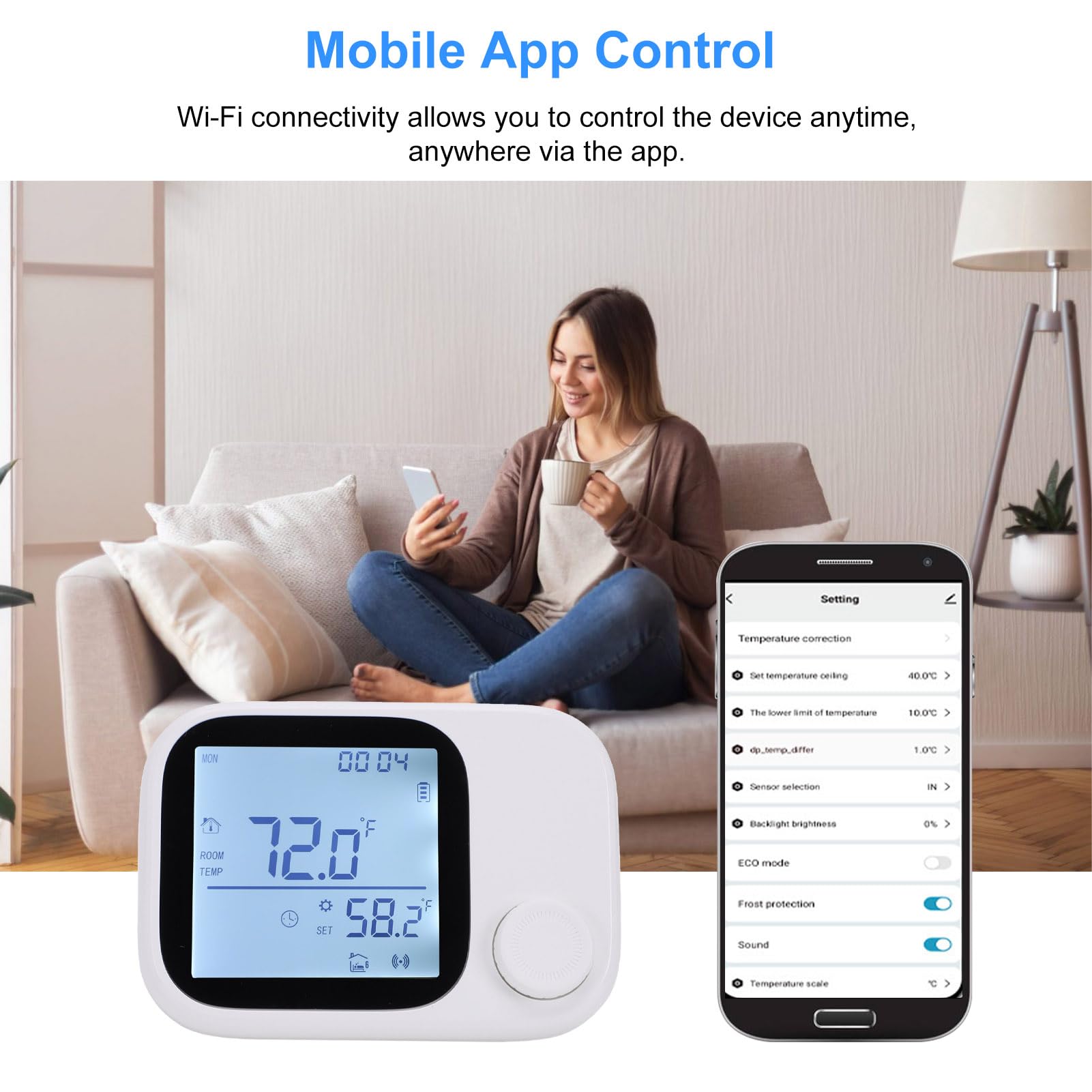 Fockety Intelligentes Thermostat für Zuhause, APP Steuerung, Sprachassistent, WiFi, Programmierbarer Digitaler Thermostat, Funktioniert mit Intelligentem Sensor, LCD Farbbildschirm, (White)