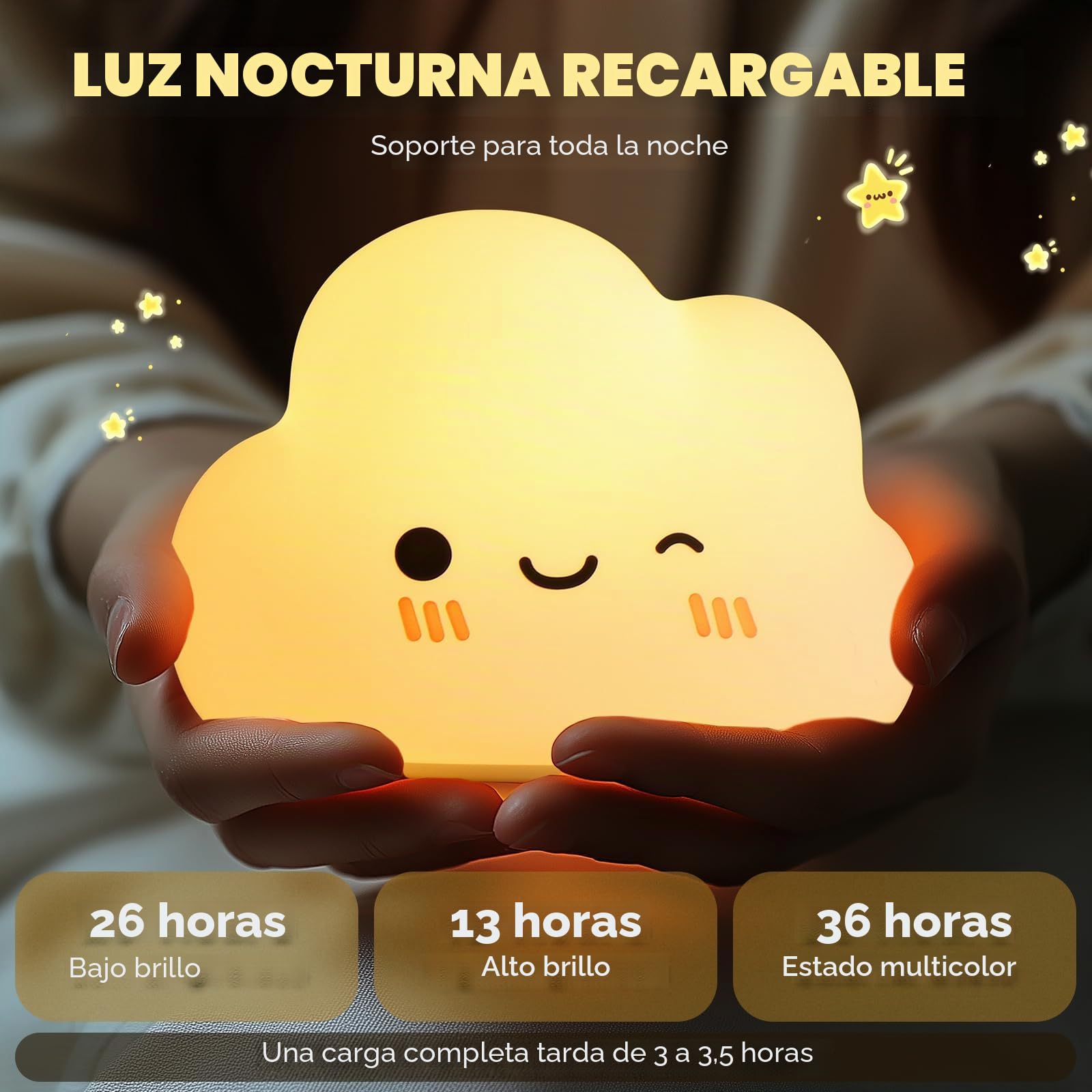Luz Nocturna Infantil Control Táctil Recargable 7 Colores 3 Brillo Lampara Bebe Noche Nube