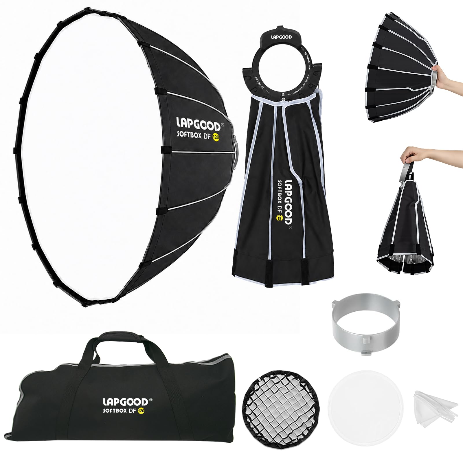 Softbox Bowens Mount, DF120 - Softbox redondo (120 cm, cierre rápido, apertura profunda, rejilla de panal de abeja, bolsa de transporte, para flash de estudio, luz de vídeo, fotografía y vídeo