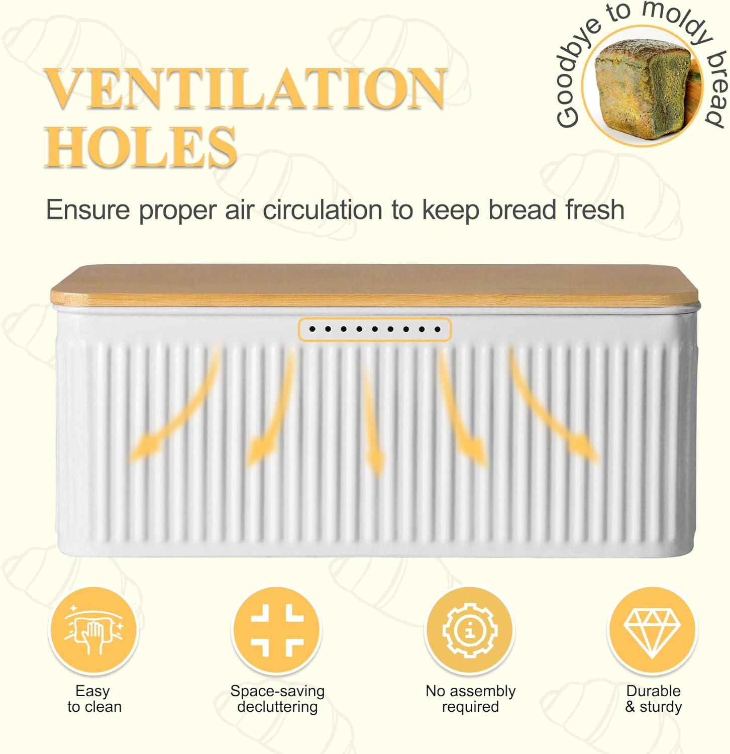 Large Bread Box for Kitchen Countertop Corner Breadbox for Homemade Bread Metal White Vertical Stripe Pattern Embossed Bread Storage Container Bin with Bamboo Lid