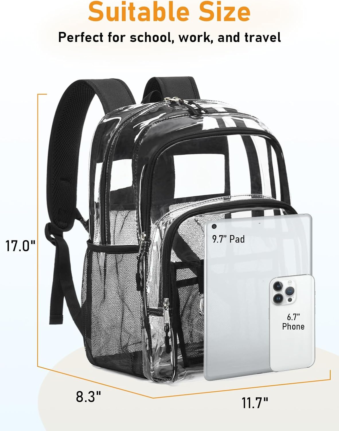 Double Layer Large Clear Backpack, 17 inch Transparent TPU Clear Bookbag, Heavy Duty See Through Backpack for College, Work, Travel, Casual Sport, Black - Image 3