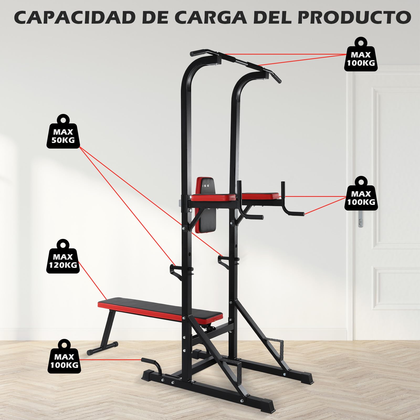 ISE Multiestación de musculación con Torre para levantamiento e inmersión en entrenamiento de fuerza + Banco de musculación plegable con 3 posiciones.Flexiones/dips/dominadas/press de banca