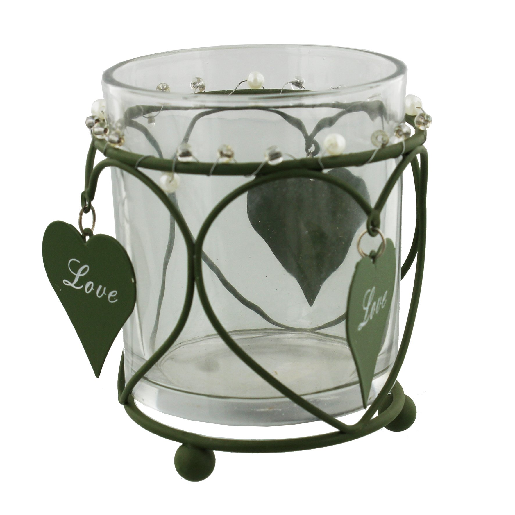 Shabby Chic Candle Holder with Hanging 'Love' Heart - Green