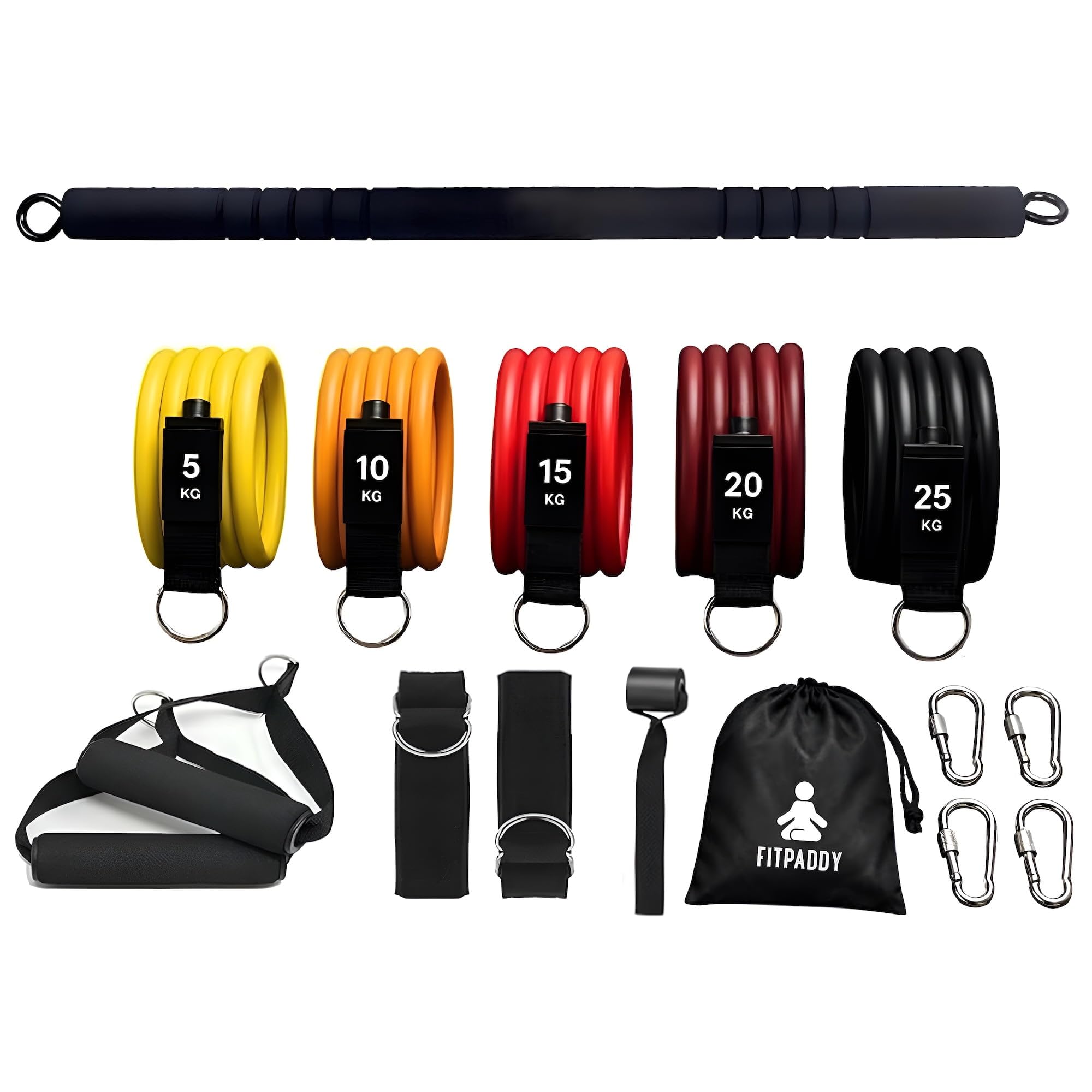 Kit Allenamento Smart Pro con Barra Modulare e 5 Elastici Fitness in TPR (5-25 kg), Set Bande Elastiche di Resistenza con Maniglie, Cavigliere e Ancoraggio Porta, Sacca Inclusa