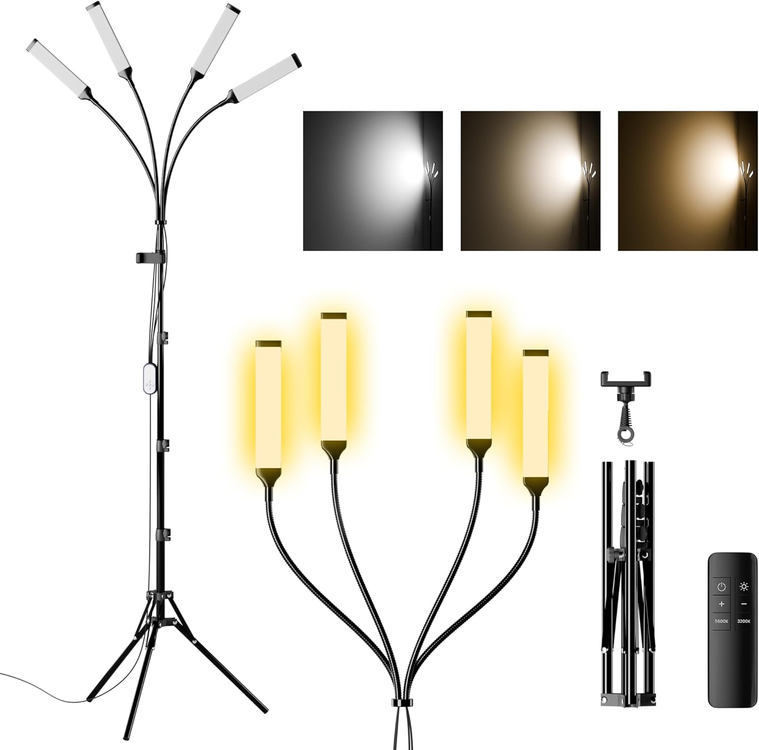 Four Arms LED Light for Photography,Esthetician Light for Lash Extensions with Phone Holder/Floor Lamp/Lash Light for Makeup/Tattoo/Selfie/Video Recording/Photography/TikTok/YouTube/Live Stream