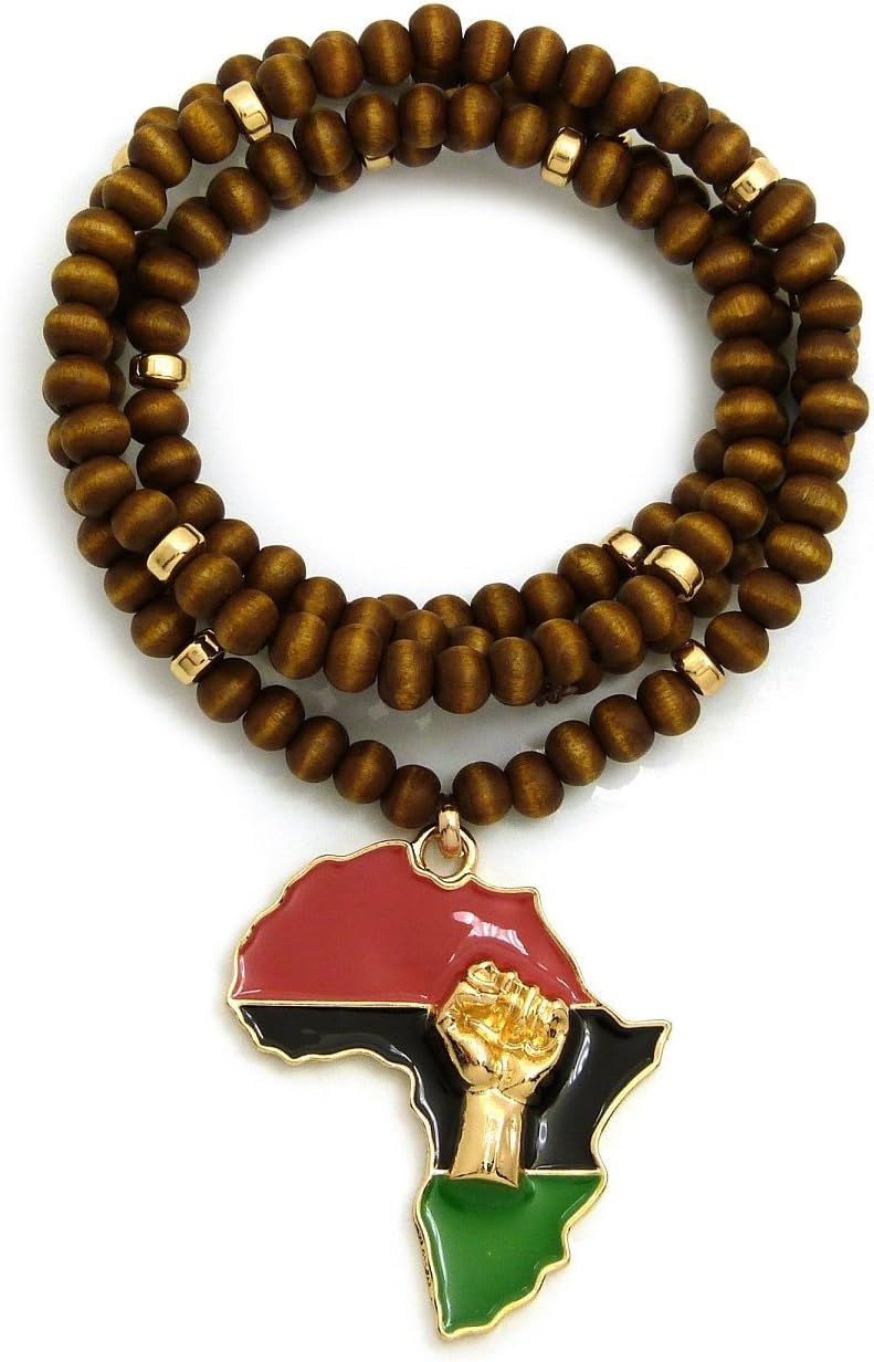 Fashion 21 Fist Power in Pan African Colored Africa Map Pendant 6mm 30 inches Wooden Bead Necklace