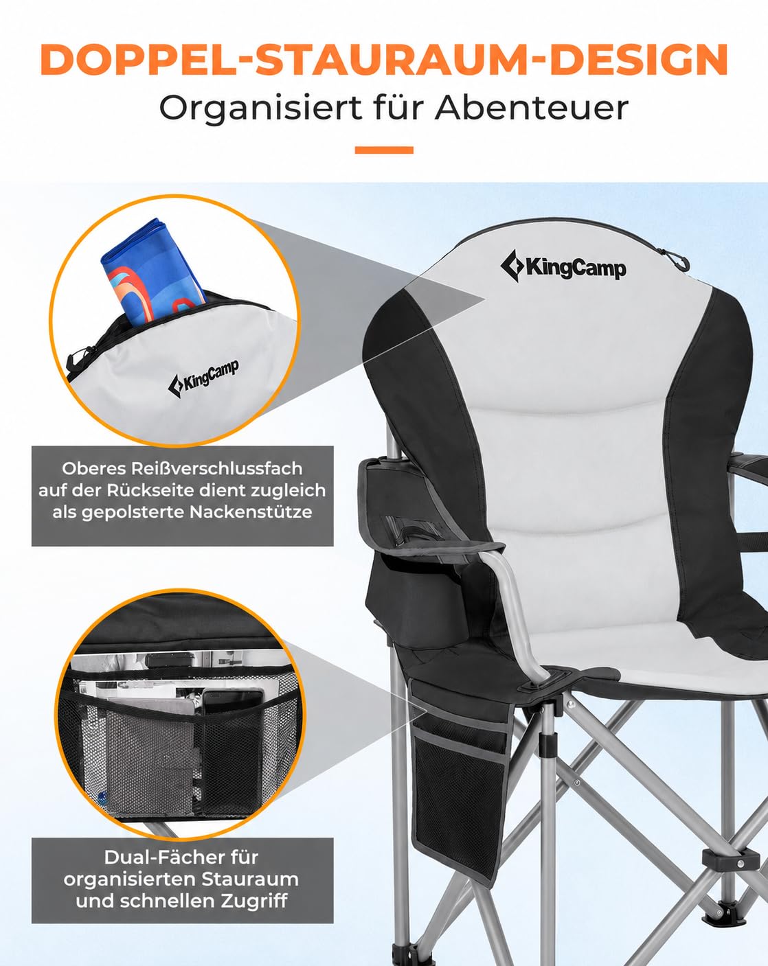 KingCamp Campingstuhl Faltbar Ergonomisch Gepolstert XXL bis 250kg Schwarz | Klappstuhl mit Verstellbarer Lendenwirbelstütze, Kühltasche für Camping, Garten, Angeln & Festival