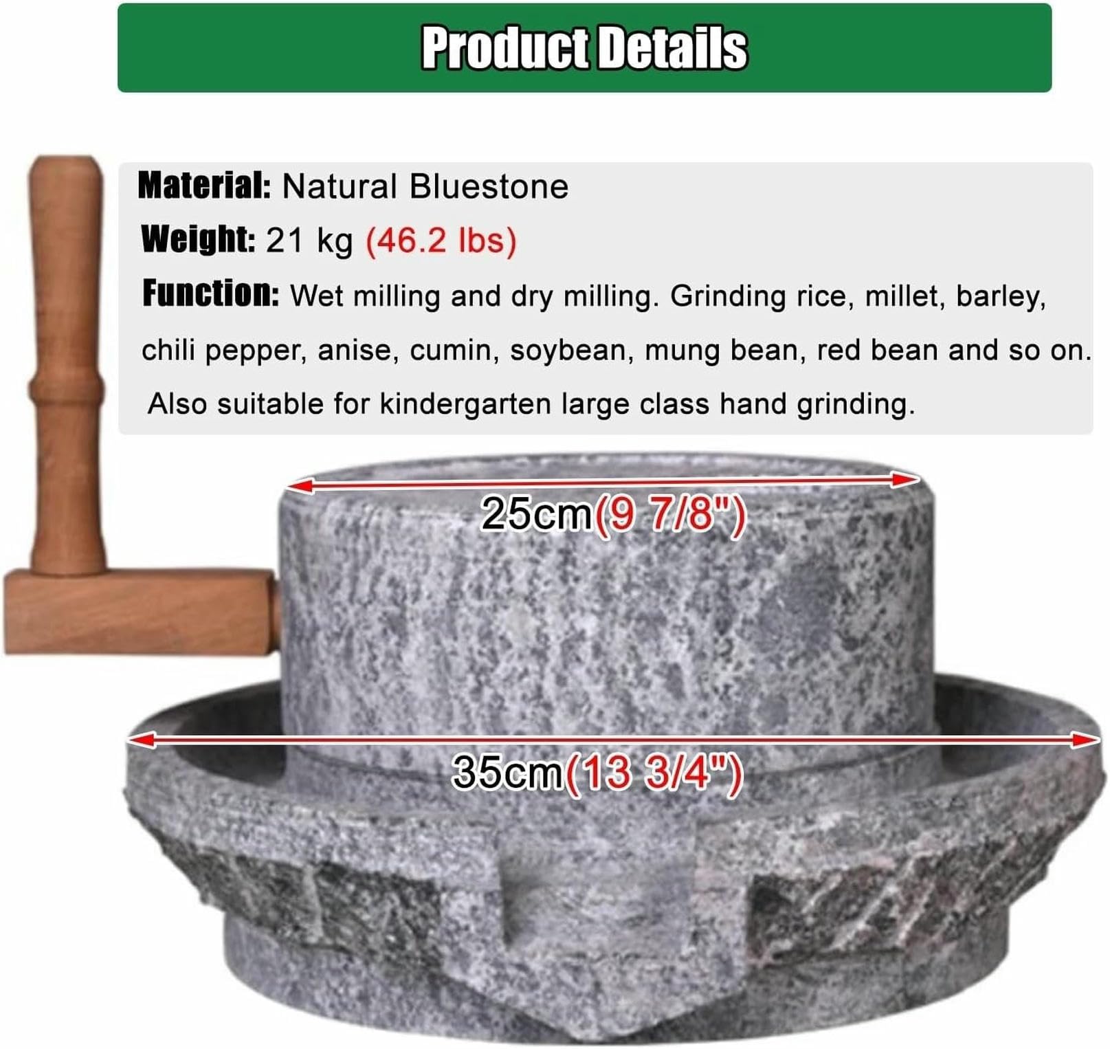 Getreidemühle Mühle Natürlicher Blaustein Trocken- und Nassmühle Handmühle für Weizenbeeren, Muskatnuss und Bohnen, klassisches Steindesign