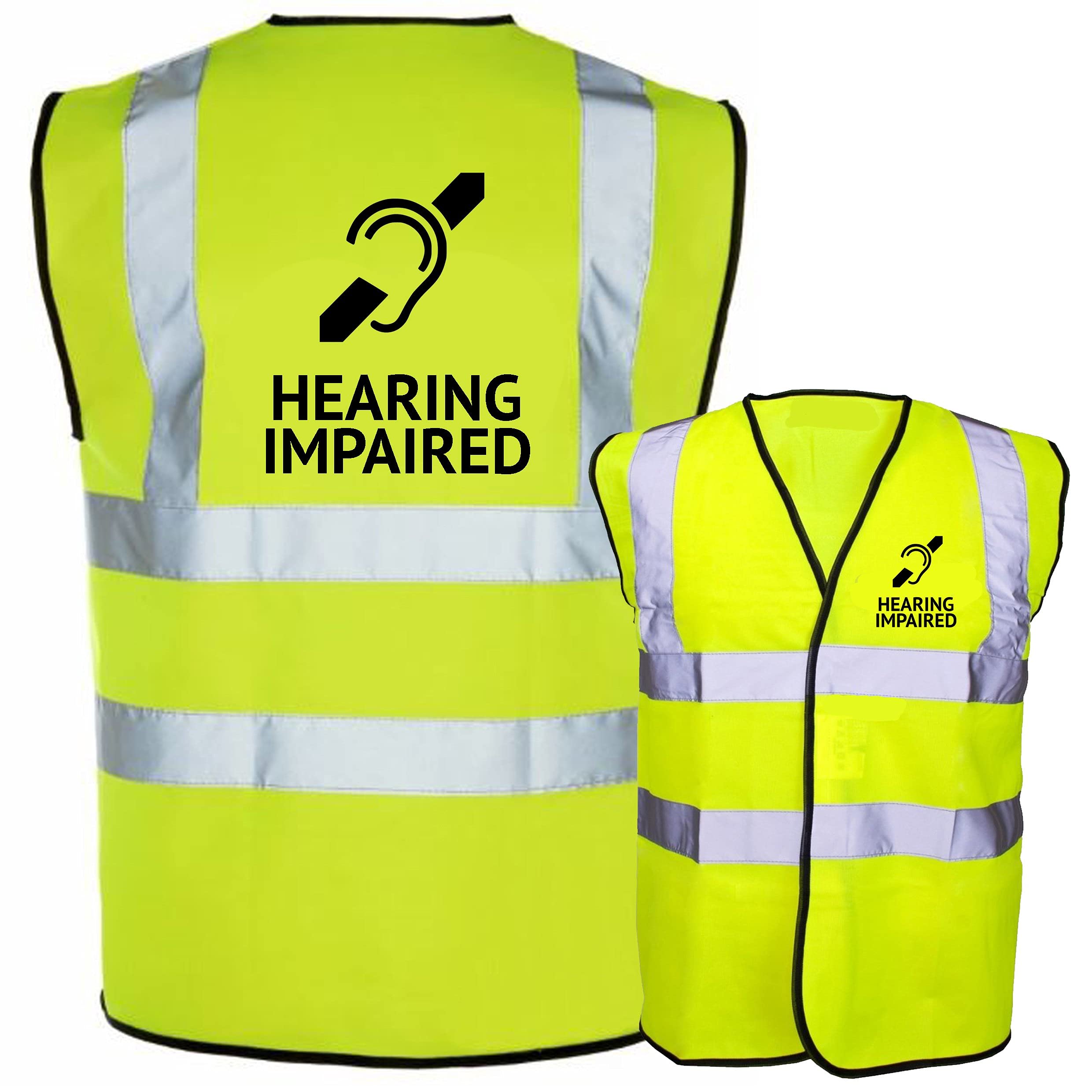 Hearing Impaired printed in black Orange or Yellow Hi Vis/Viz Safety Vest, Waistcoat, Tabard EN ISO 20471 Class 2 supplied by Simply Hi Vis Clothing UK