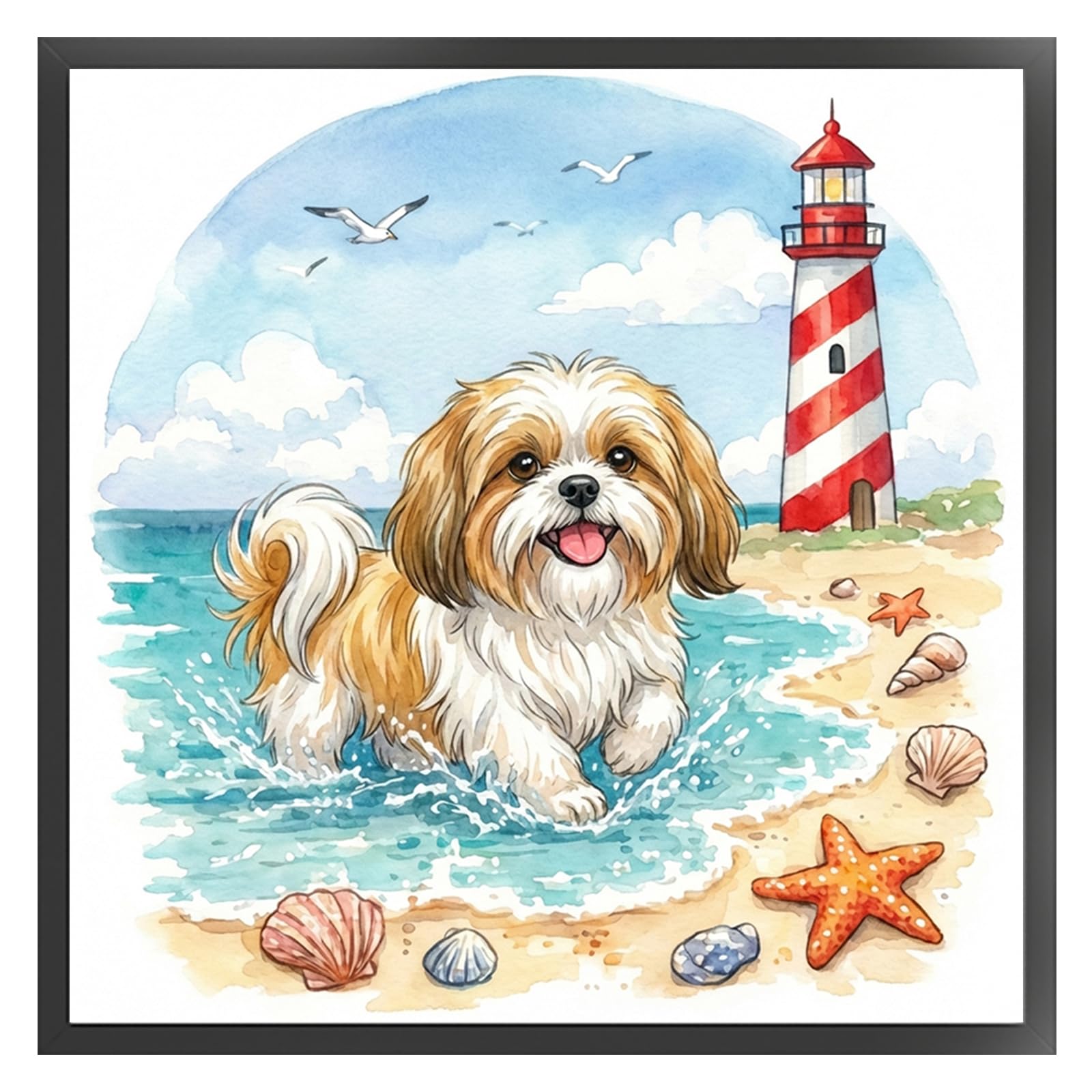 Shih Tzu on The Beach Full 14CT DIY Stamped Cross Stitch Kits 11.81x11.81inch Embroidery Needlepoint Starter Kits for Beginners Adults Home Decor