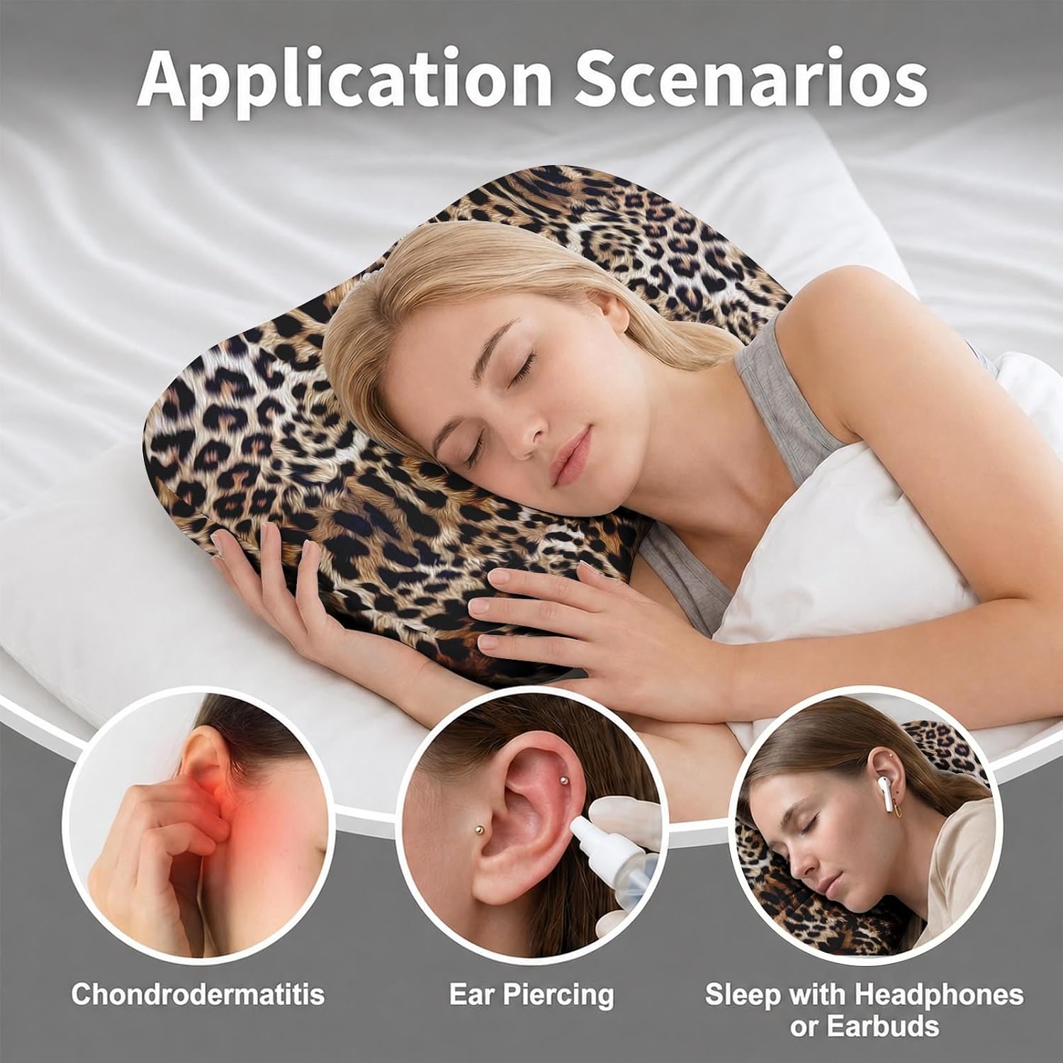 Sanwarm Ear Piercing Pillow for Side Sleepers, Ear Pillow with Hole Adjustable Design for Ear Pressure Comfort Cotton Cover Polyester Filling 17.3 x 12.6 in, Leopard Print