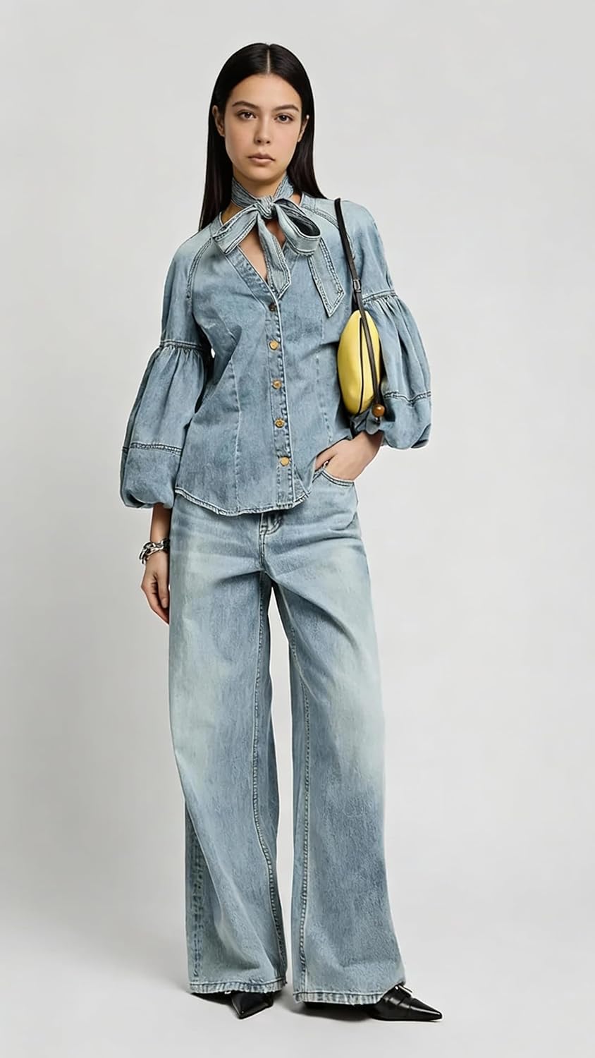 Womens Denim Shirt Tie V Neck Long Sleeves Bow Babydoll with Adjustable Waistband Cute Blue Jean Shirts for Women Denim - Image 6