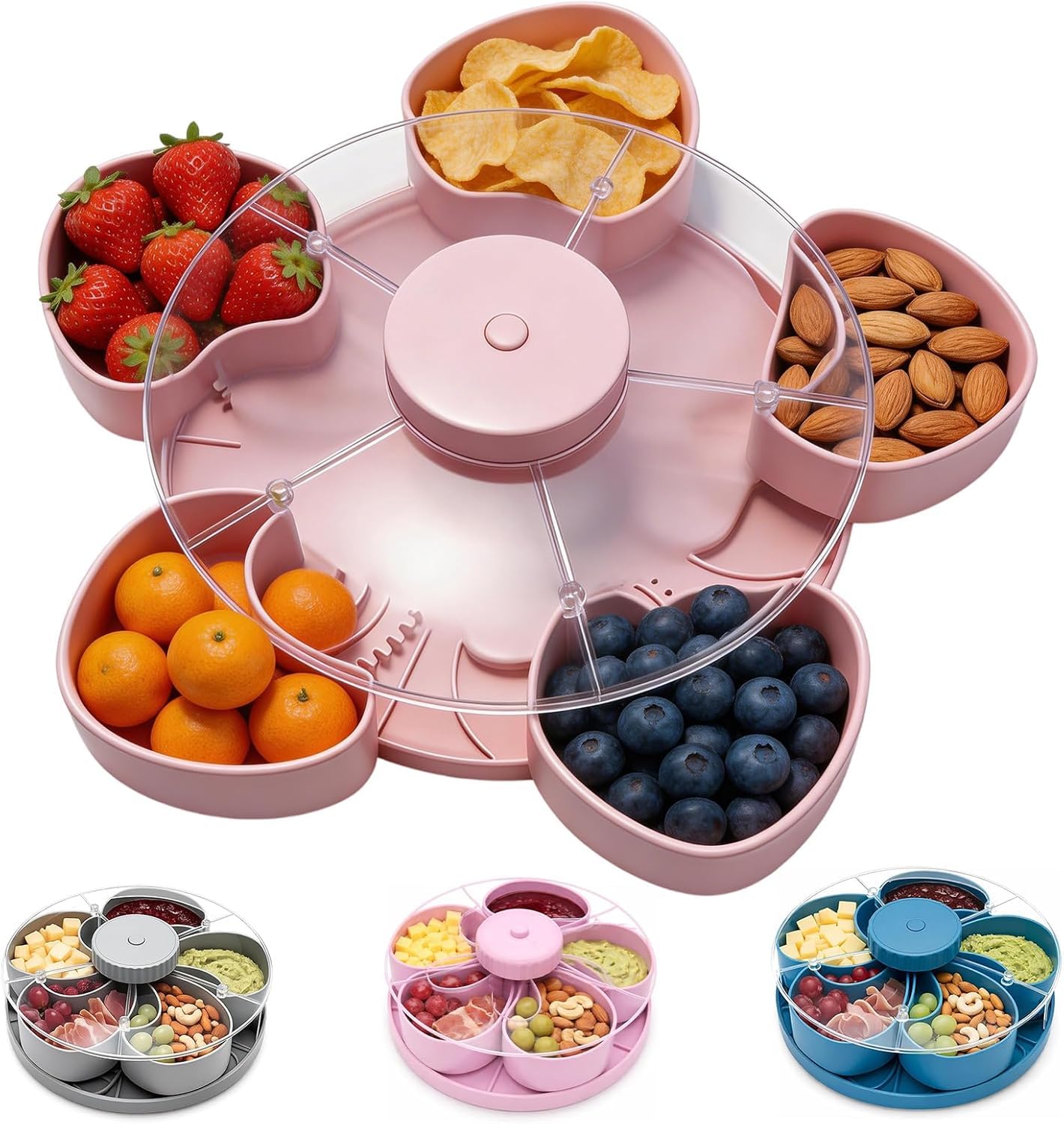 Rotating, multi-compartment snack tray, perfect for storing chips, nuts, dips, and vegetables. Ideal for picnics, travel, and kitchen use.