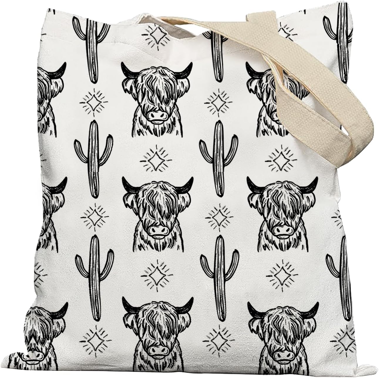 Western Tote Bag, Canvas Tote Bags for Women, Western Gifts, Cowgirl Gifts, Reusable Grocery Bags, White, Cactus Cow Pattern