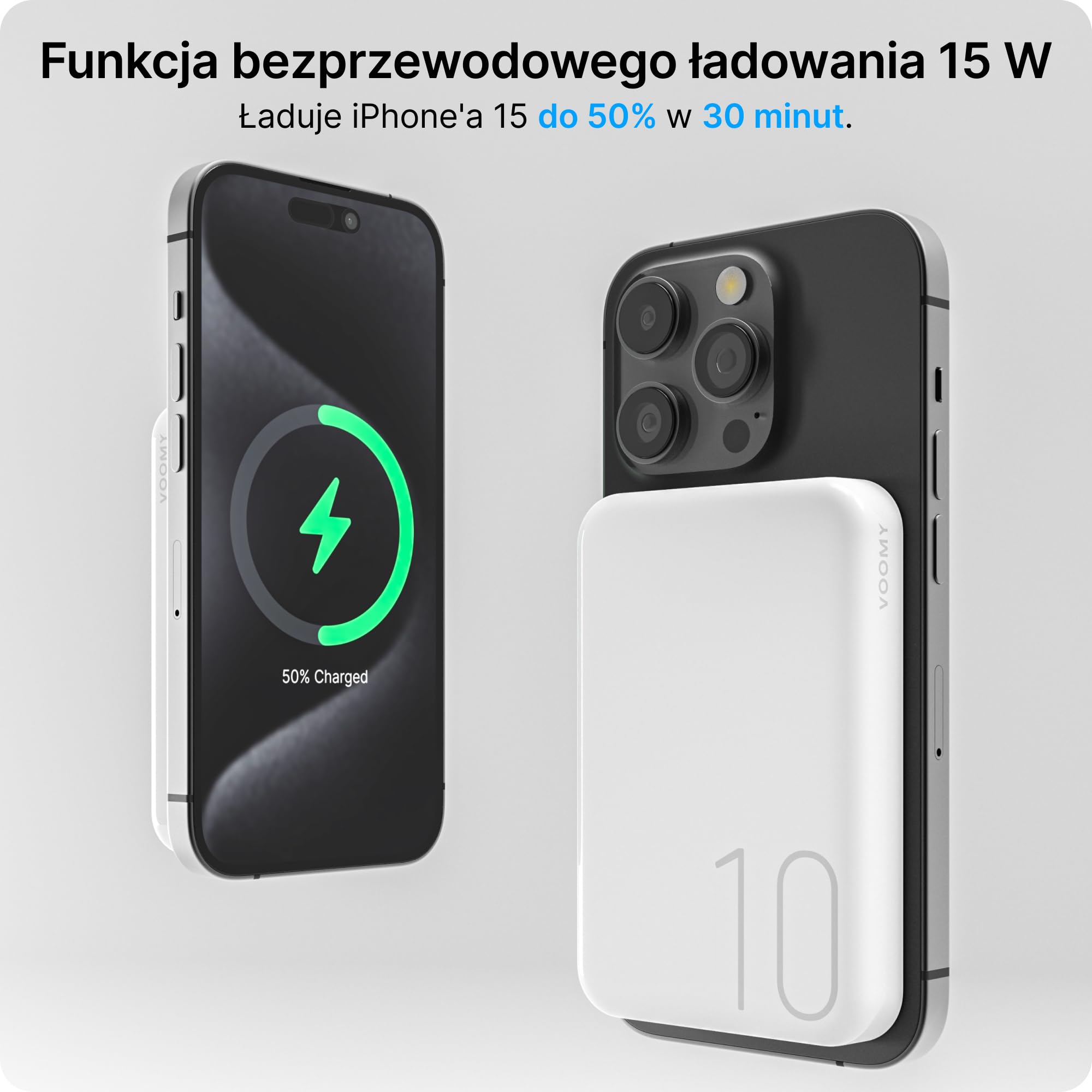 VOOMY Powerbank bezprzewodowy 10000 mAh, magnetyczny Powerbank z wejściem i wyjściem USB C, kompaktowy bezprzewodowy power bank, biały