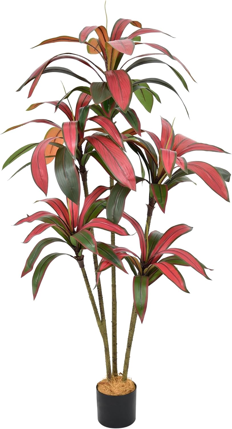Artificial Dracaena Tree 5FT - Large Faux Plant Indoor Tree with 78 Red Leaves & 5 Heads, 60" Tall Fake Tropical Plant Potted Artificial Floor Plant Trees for Home Living Room Porch Office Decor - Image 9