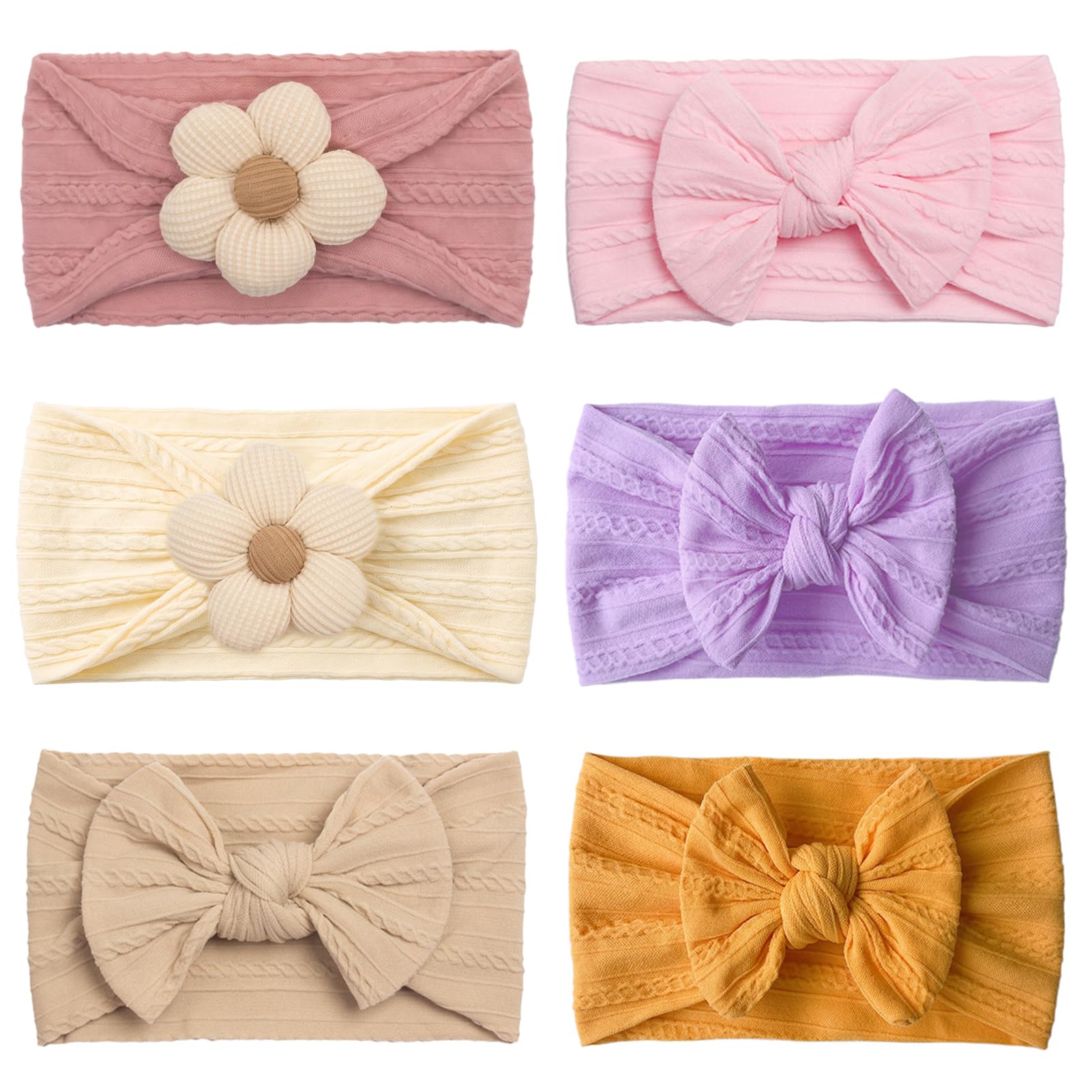 6 PCS Soft Baby Headband, Elastic Nylon Baby Girl Headbands with Cute Bows and Flowers, Stretchy Newborn Headbands for Girls Toddlers Babies Infant