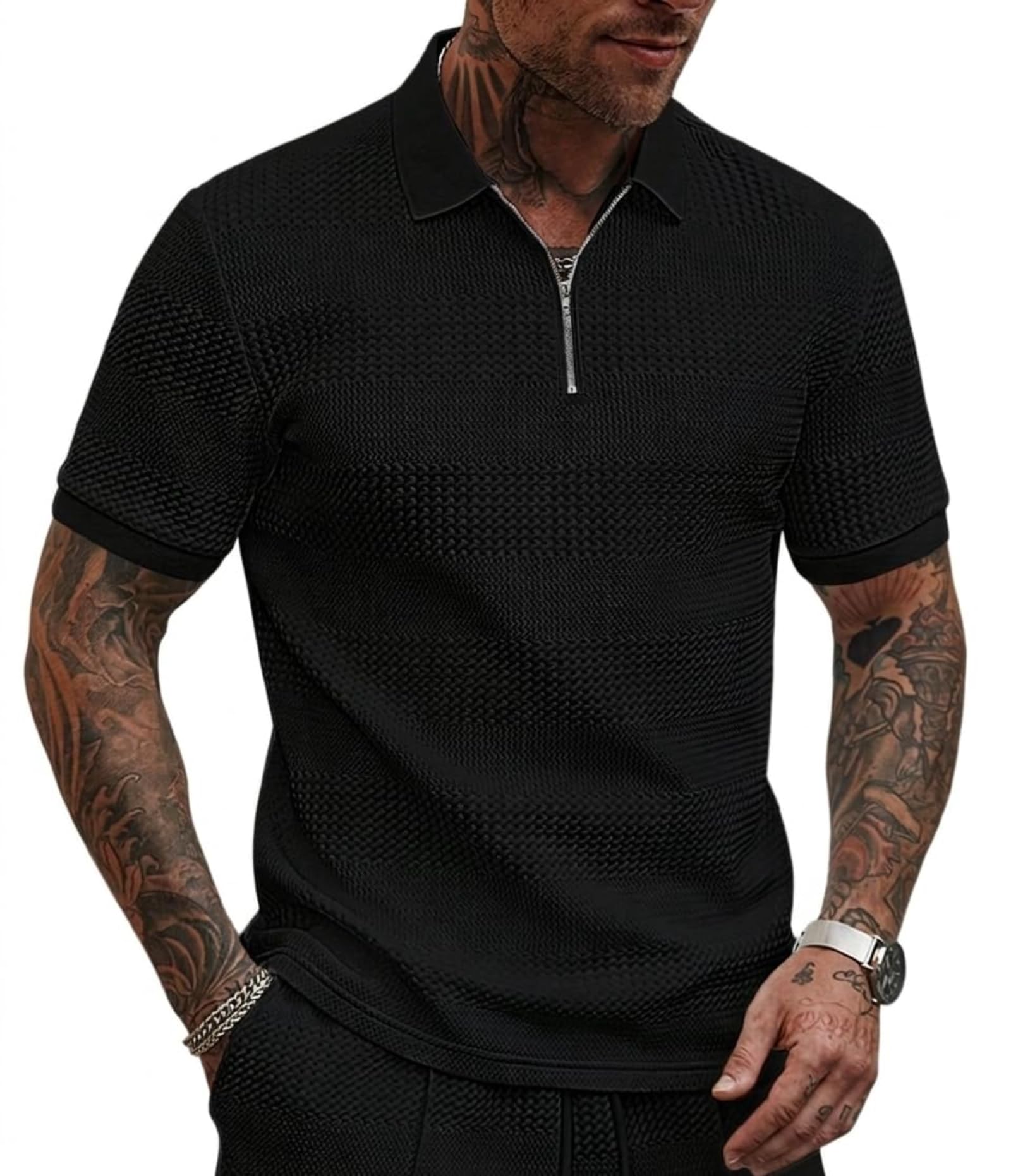 avix Men's Textured Knit Zip Polo Shirt and Shorts Set, Black, Short Sleeve, Casual Summer 2-Piece Outfit (IN, Alpha, 2XL, BLACK)-picture-26